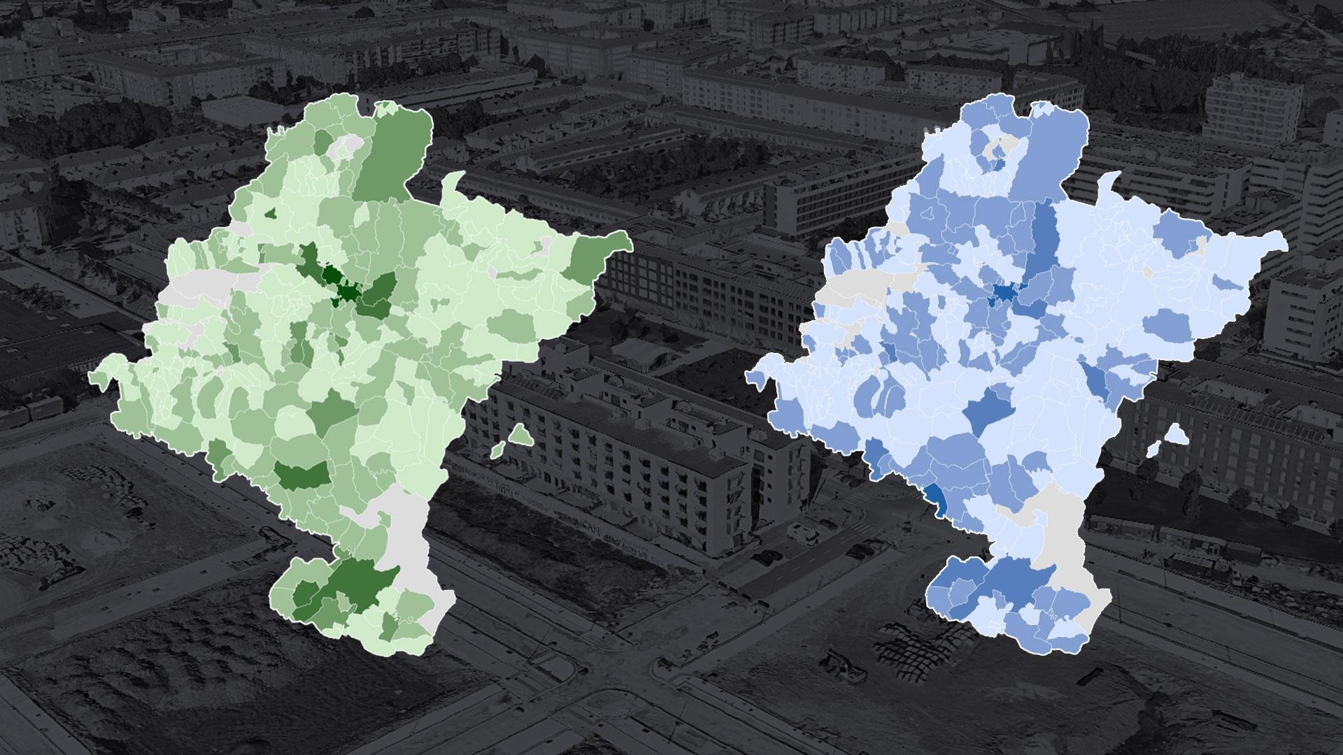 Mapas de color con las viviendas iniciadas y terminadas en 2024 en Navarra