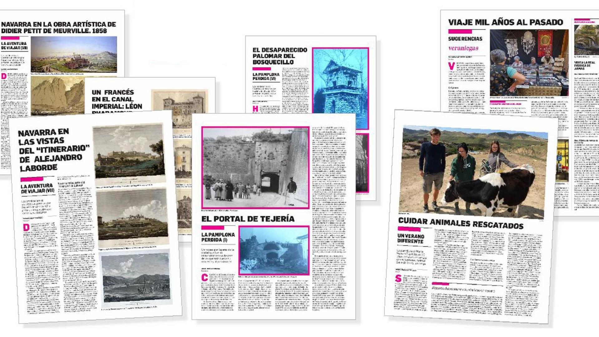Algunas de las páginas que se podrán ver a lo largo de este verano, dedicadas a los edificios de Pamplona ya desaparecidos, a las crónicas y dibujos de los viajeros que pasaron por Navarra en el siglo XIX y la que se dedican a las sugerencias, los bares y las rutas