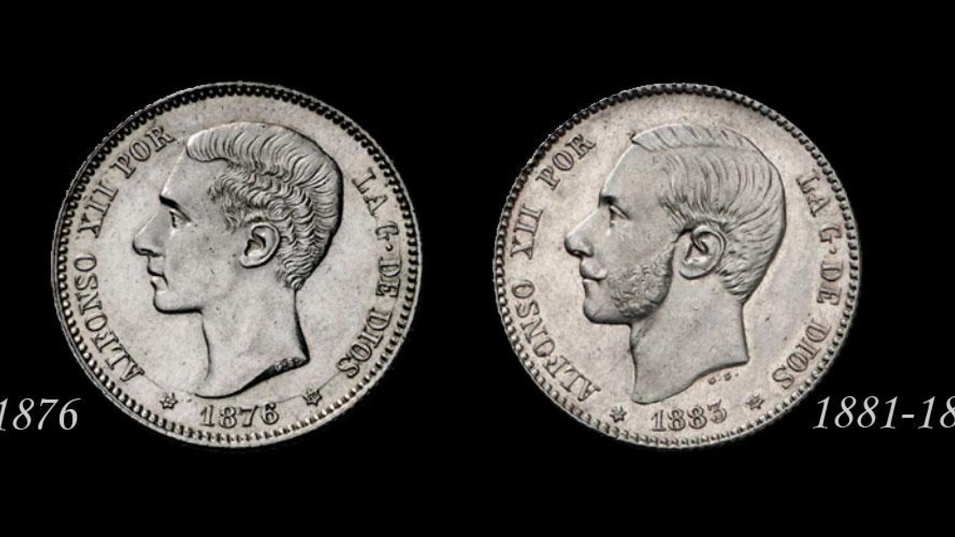 Anversos de las monedas de 1 peseta de Alfonso XII