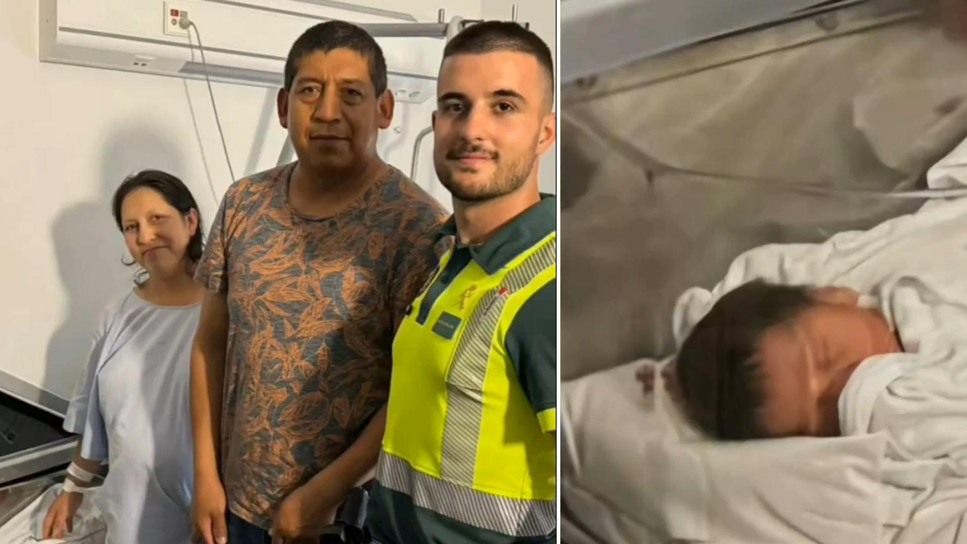 Los padres de la pequeña, junto a uno de los agentes de la Guardia Civil, y la pequeña recién nacida