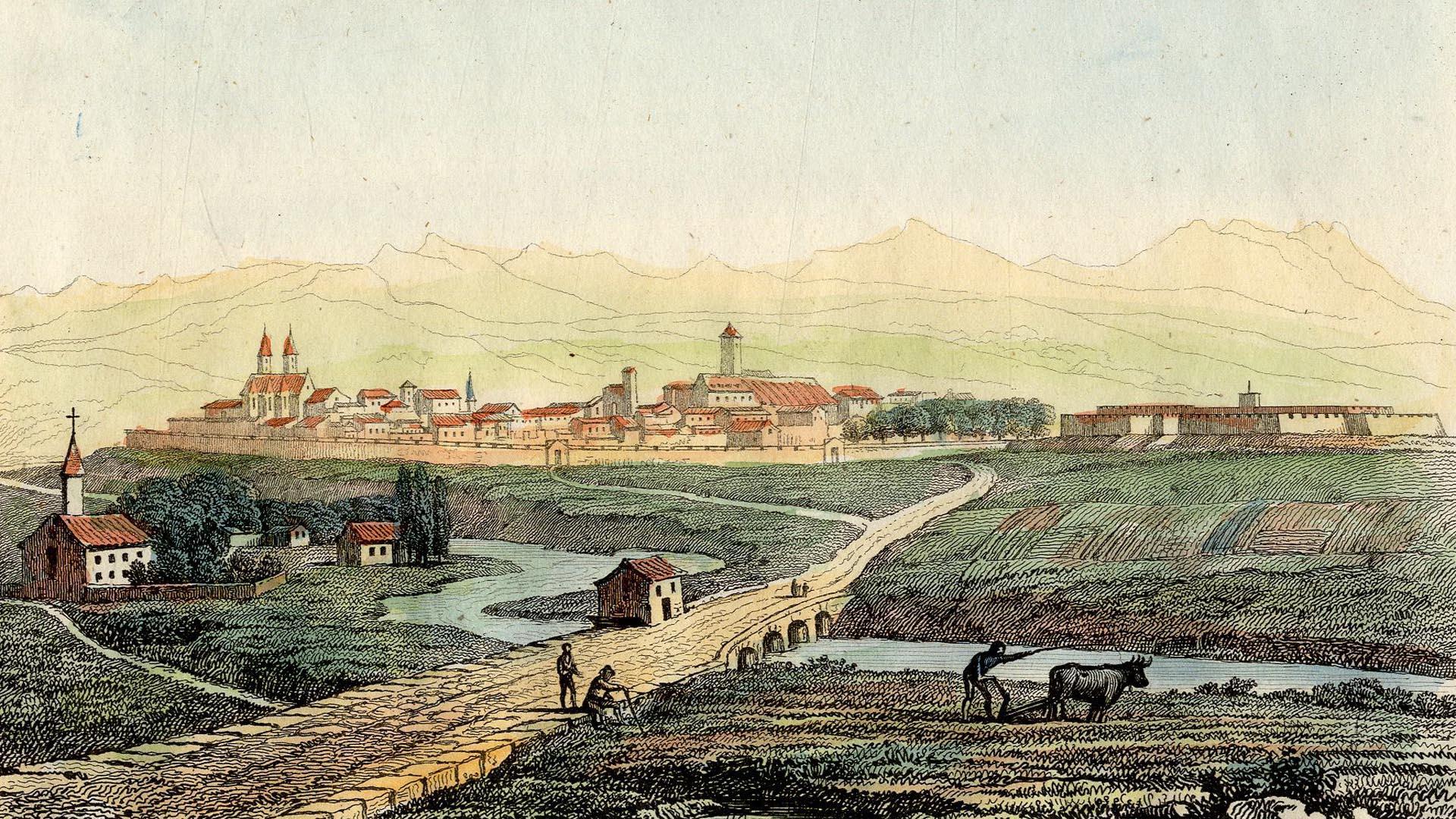 Pamplona hacia 1835.  France Militaire. Firmado por R.B