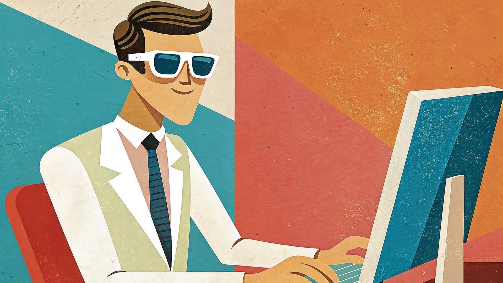 Un hombre de negocios con gafas de sol, trabajando en una computadora