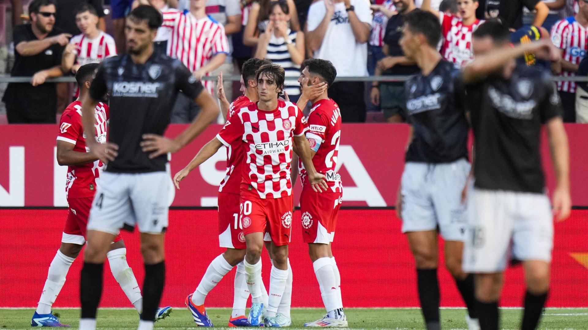 Celebración del primer gol del Girona contra Osasuna