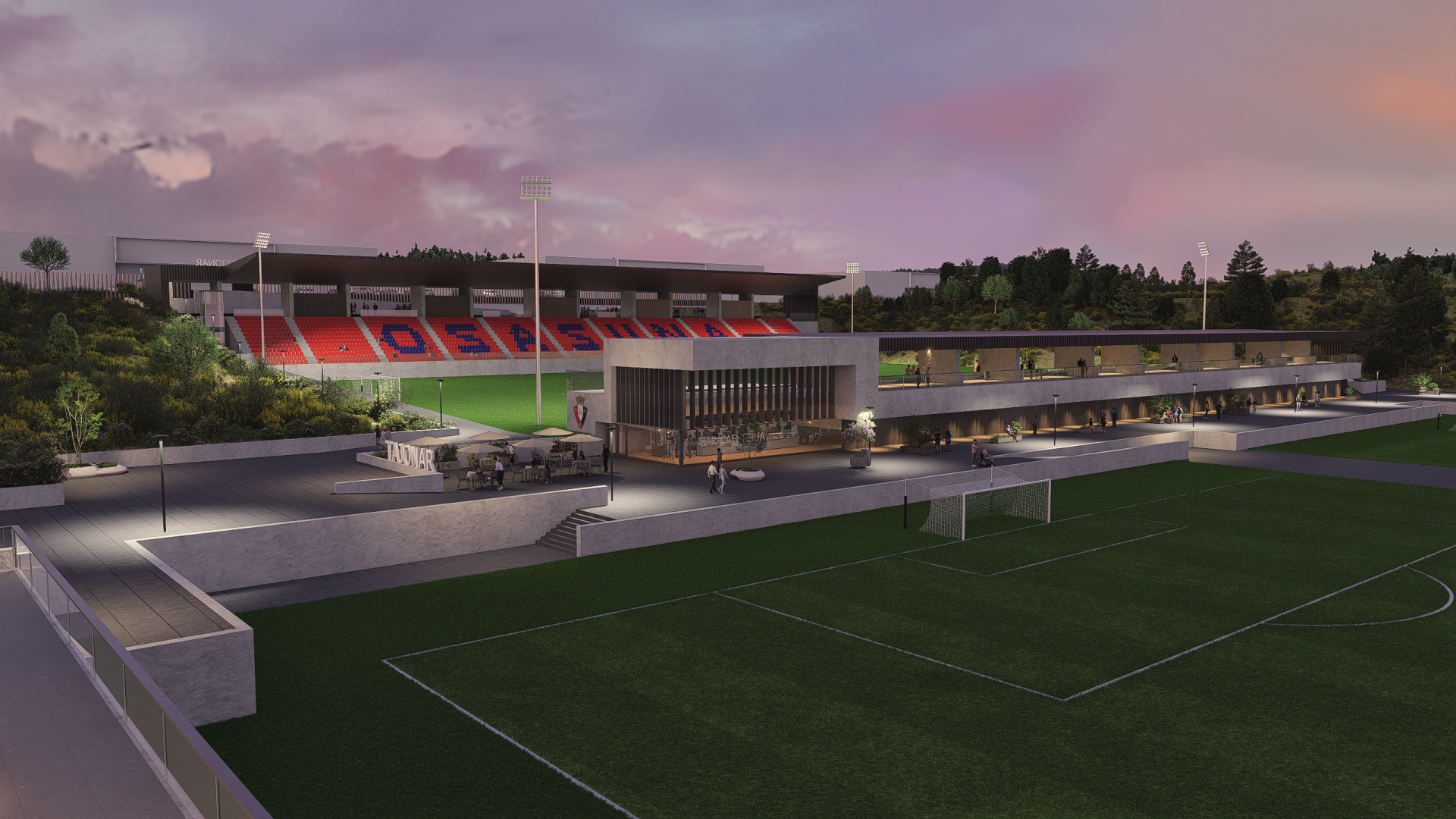 Una imagen del proyecto del nuevo Tajonar con el estadio al fondo y los dos campos de entrenamiento en un plano más cercano a la derecha