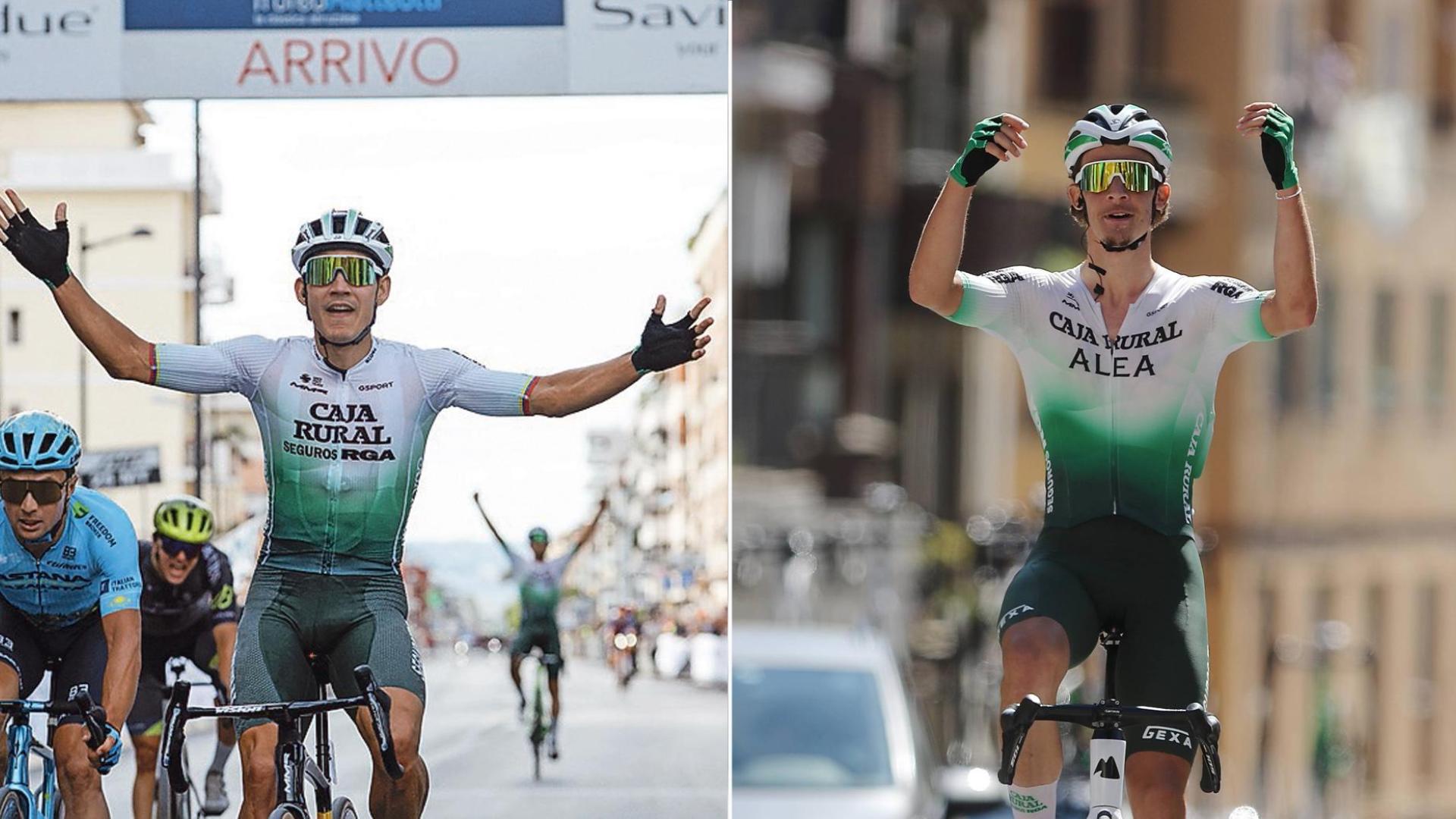 A la izquierda, Orluis Aular celebra su victoria en el Trofeo Matteotti; a la derecha, Javier Ibáñez se impone en Alsasua