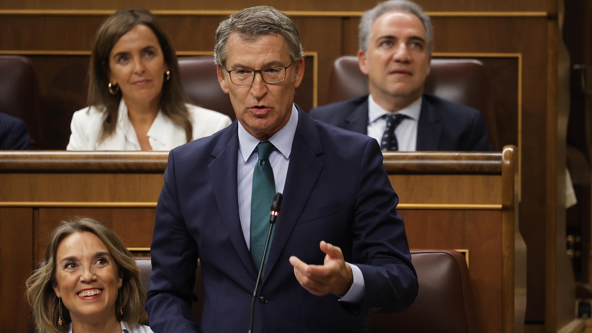 El presidente del PP, Alberto Núñez Feijóo, interviene durante una sesión de control al Gobierno, en el Congreso de los Diputados este miércoles 18 de septiembre