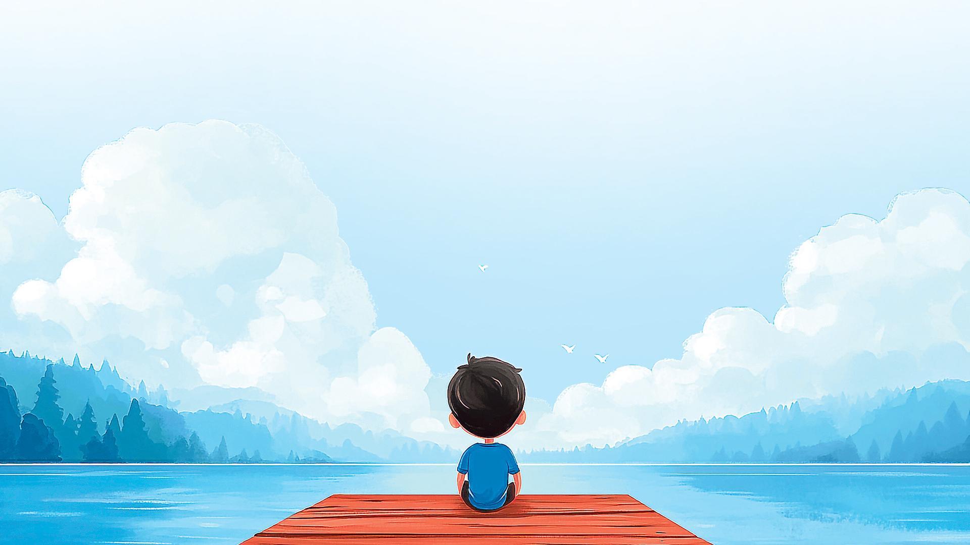 Ilustración de un niño en un embarcadero