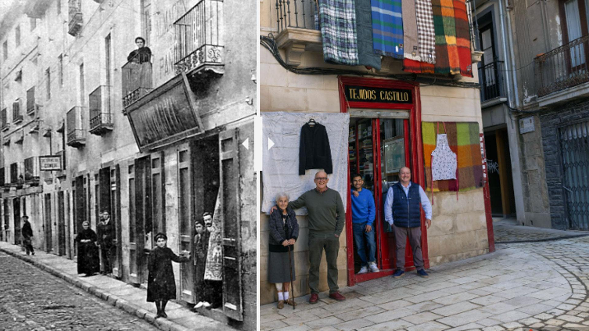 El antes y el ahora de Tejidos Castillo, en dos fotografías. En la foto de la izquierda, de 1910, se ve al fundador de Tejidos Castillo, Saturnino -a la izda. en el grupo de 4 personas a la dcha. de la imagen- en la puerta de su tienda. En la foto de la derecha, de izda. a dcha.: Sofía Castillo Puyuelo, Enrique González Castillo, Lamec Condori Huaman, y Martín González Castillo, en la puerta de su negocio con telas colgando de la fachada colocadas de propio para recrear la imagen antigua