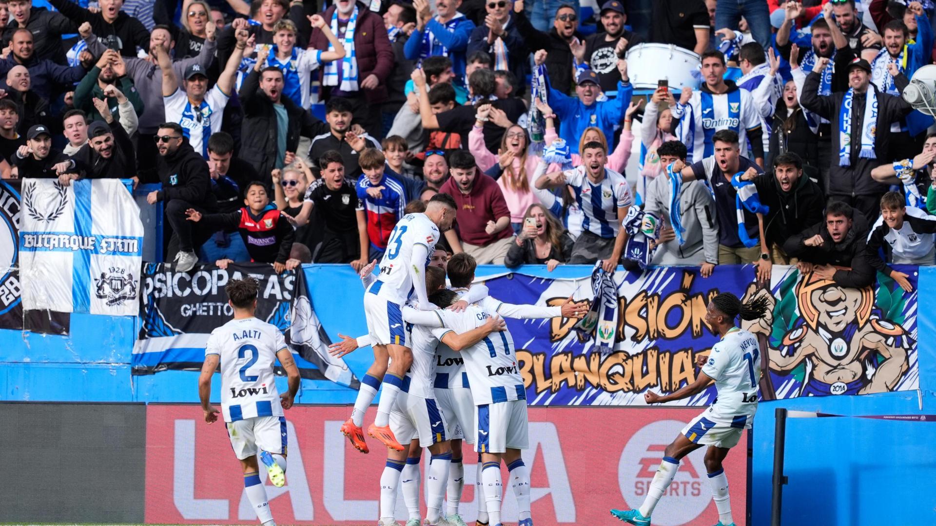 Sergio González de Leganés celebra un gol durante la Liga española, en el partido de fútbol jugado entre el CD Leganés y el RC Celta de VIgo en el estadio de Butarque
