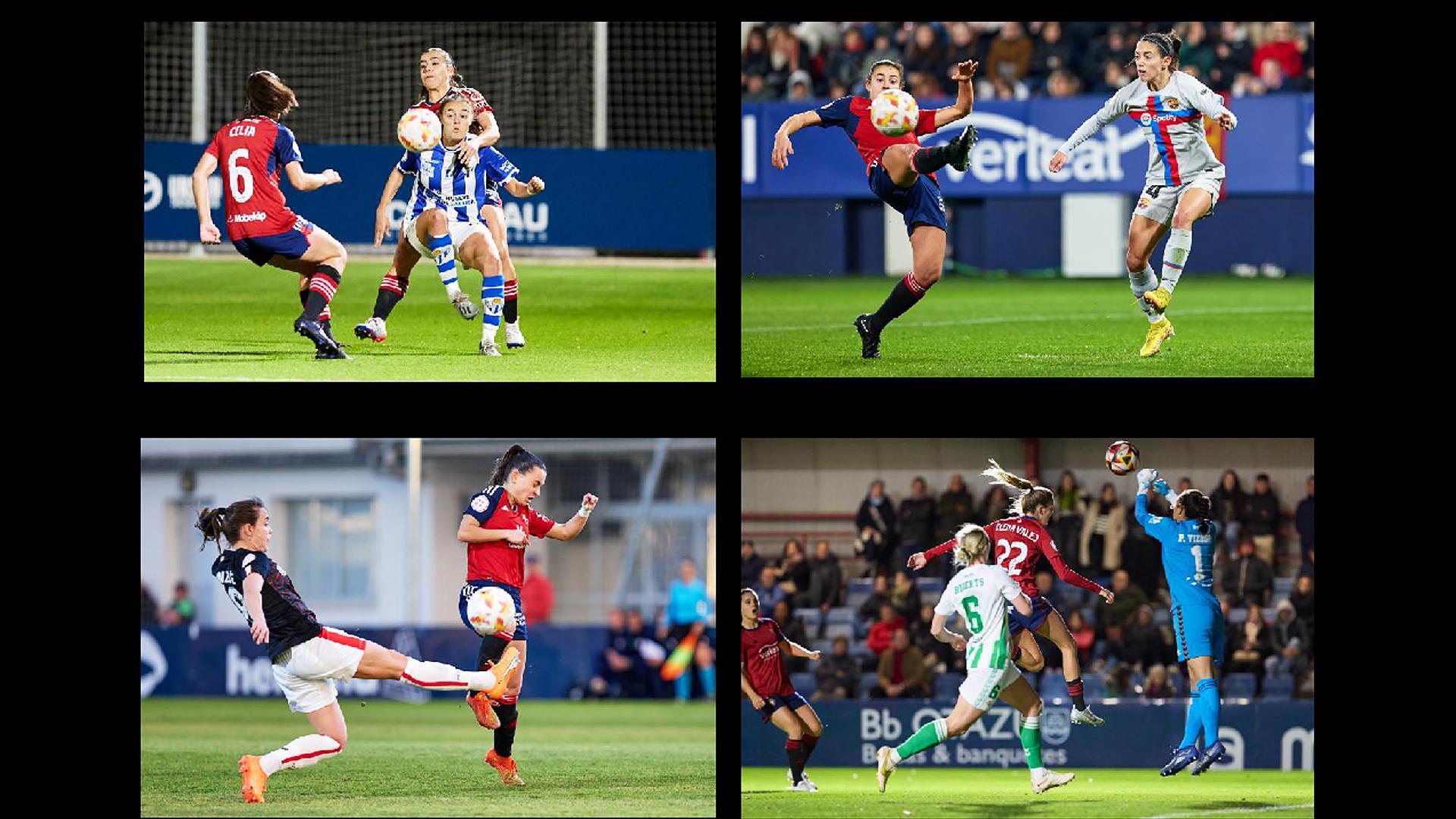 LA COPA CONTRA LOS PRIMERAS. (Arriba izda.) 23-11-2022: Celia Ochoa y Merche Izal, ante el Sporting de Huelva (2-1). (Arriba dcha.) 10-1-2023: Irati Urruzola, frente a la Balón de Oro, Aitana Bonmatí (Barça). El partido lo ganaron las azulgrana 0-9, pero lo perdieron por alineación indebida 0-3. (Abajo izda.) 9-3-2023: Marta Unzué choca con Maitane Vilariño. El Athletic ganó 1-2. (Abajo dcha.) 8-11-2023: Elena Valej, en el partido frente al Betis de la pasada campaña (1-2).