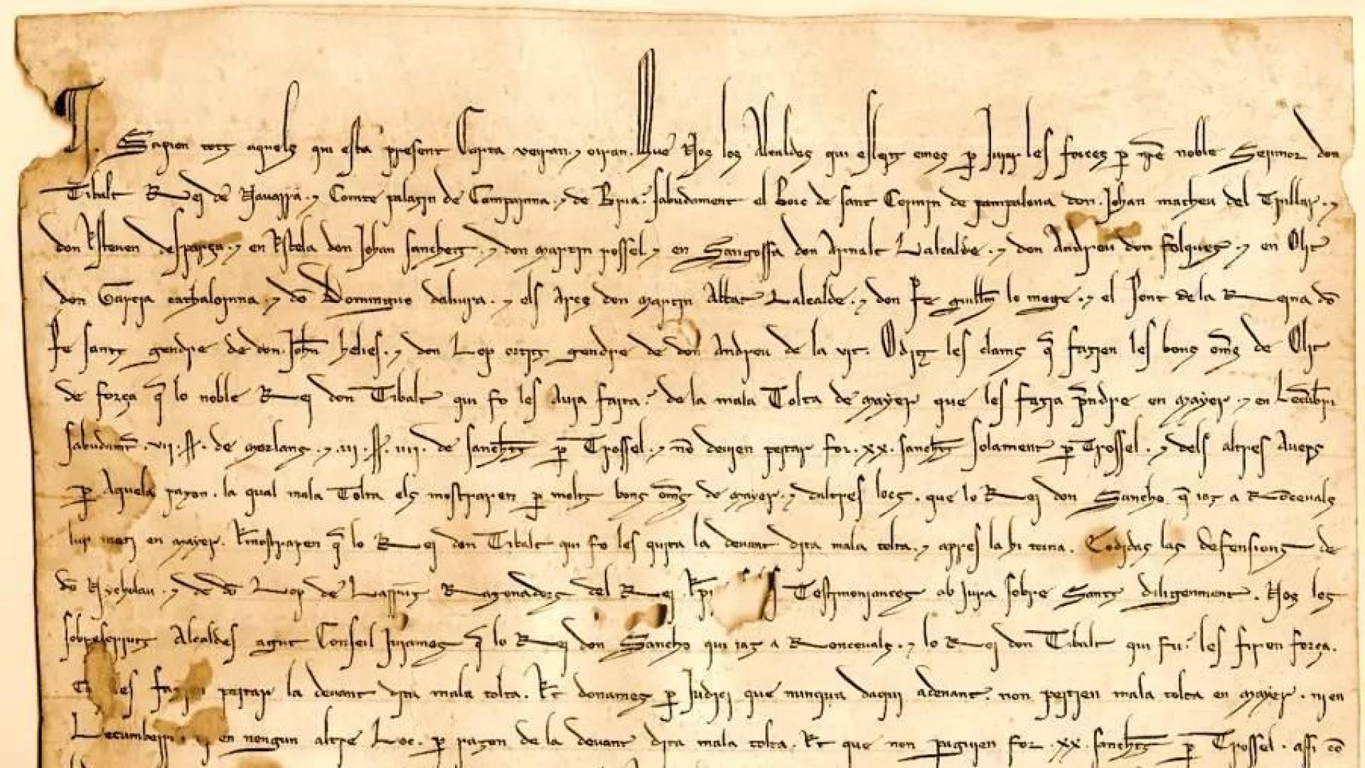 Documento del rey Teobaldo I, 5 de noviembre de 1237. El rey acuerda con los hidalgos del reino, la forma de probar la infanzonía. Los sellos pendientes son los del rey, el obispo de pamplona, el arcediano de la Tabla y cuatro ricoshombres