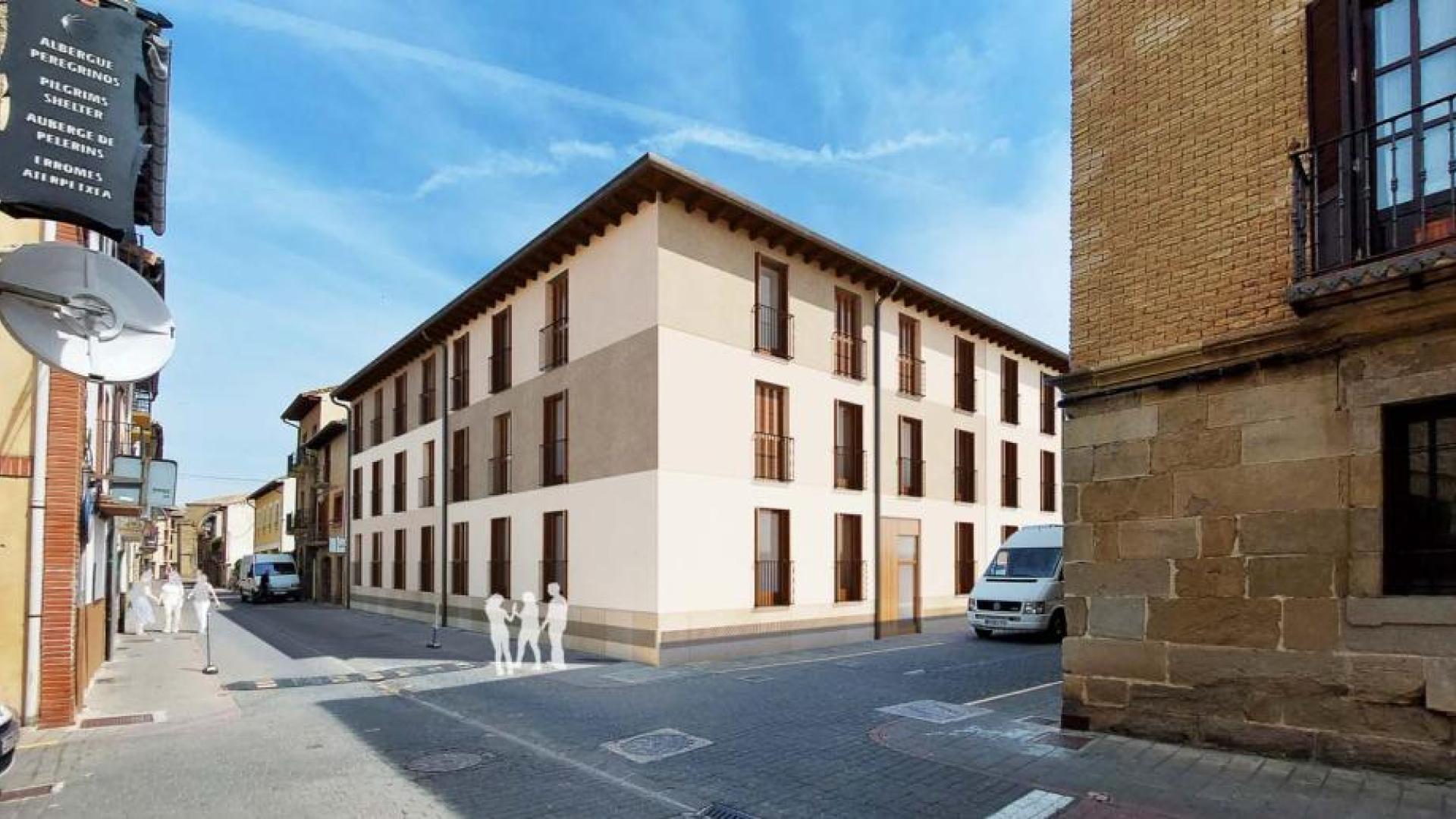 Recreación de la promoción de VPO de alquiler que se prevé construir en la calle Mayor de Sangüesa.