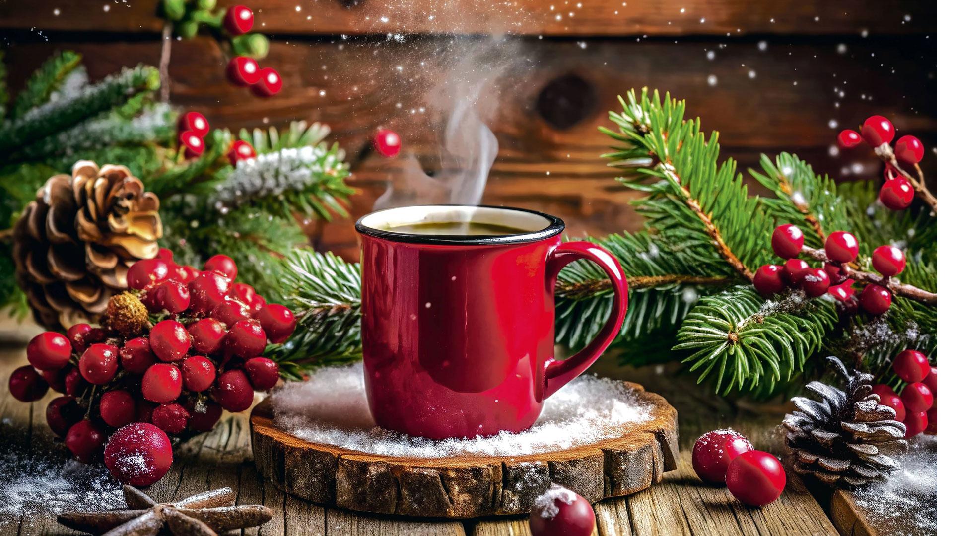 Imagen de archivo de una taza de té caliente en Navidad