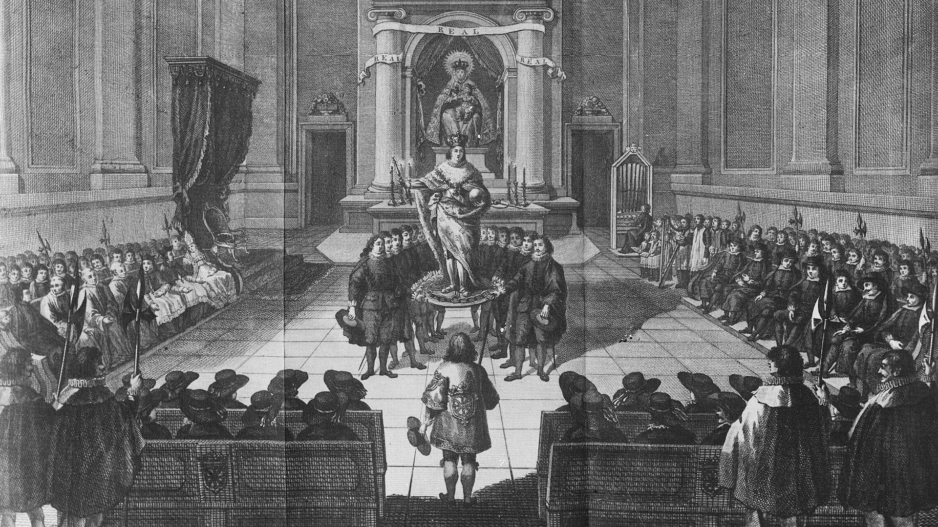 Grabado de Antonio Rodríguez, realizado por Manuel Albuerne, que representa la coronación y levantamiento del rey de Navarra sobre su escudo /