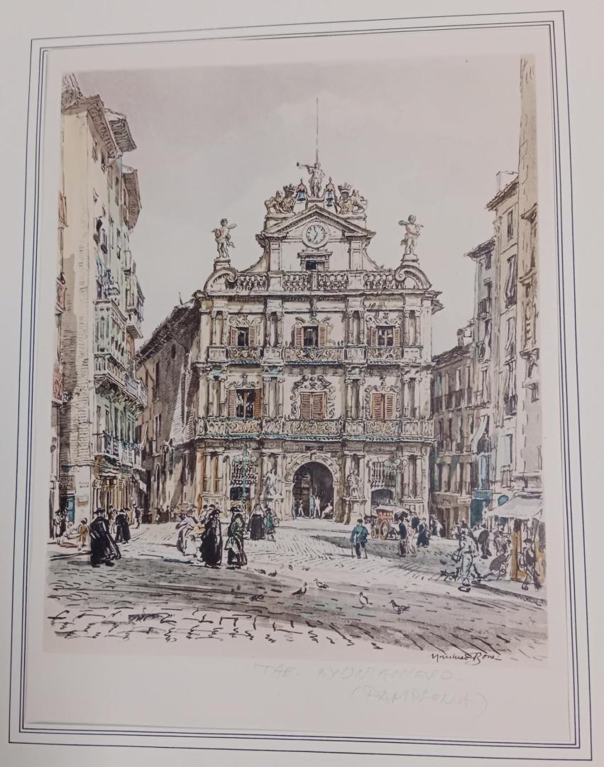 Grabado de la fachada del Ayuntamiento de Pamplona del artista escocés Muirhead Bone.