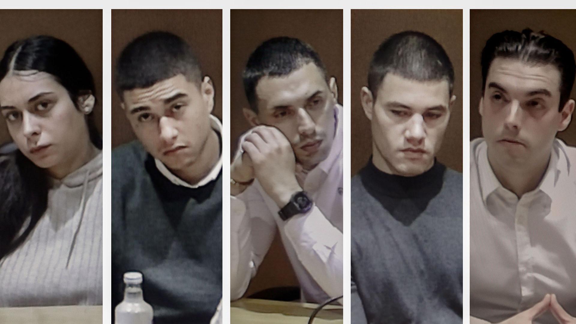 De izquierda a derecha, los cinco acusados: Catherine "Katy" Silva (absuelta), Kaio Amaral (20 años y 6 meses), Diego Montaña (24 años), Alejandro Freire "Yumba" (20 años) y Alejandro Míguez (10 años)