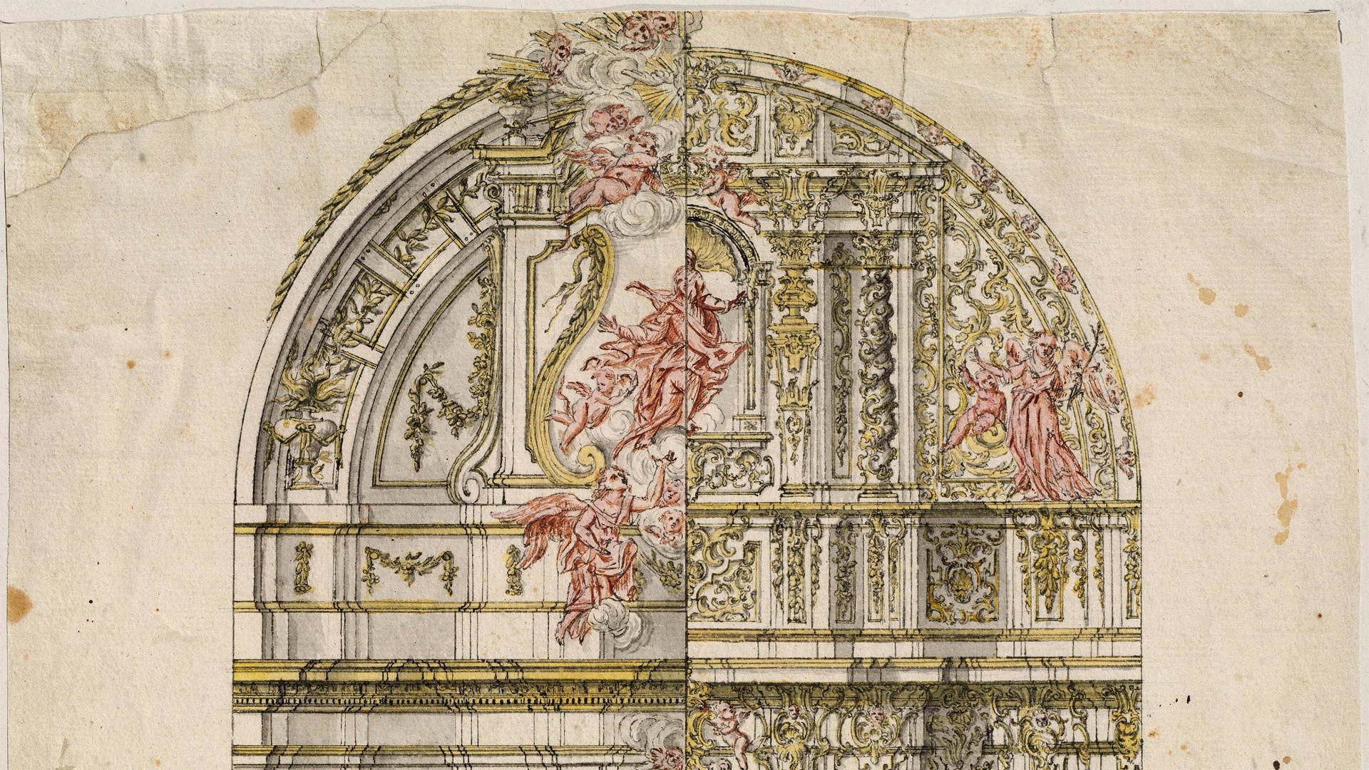 Proyecto para la reforma del retablo mayor de Villafranca, por Santiago Marsili (1783) que incluye a la derecha el diseño del retablo contratado por Vicente Frías en 1730.