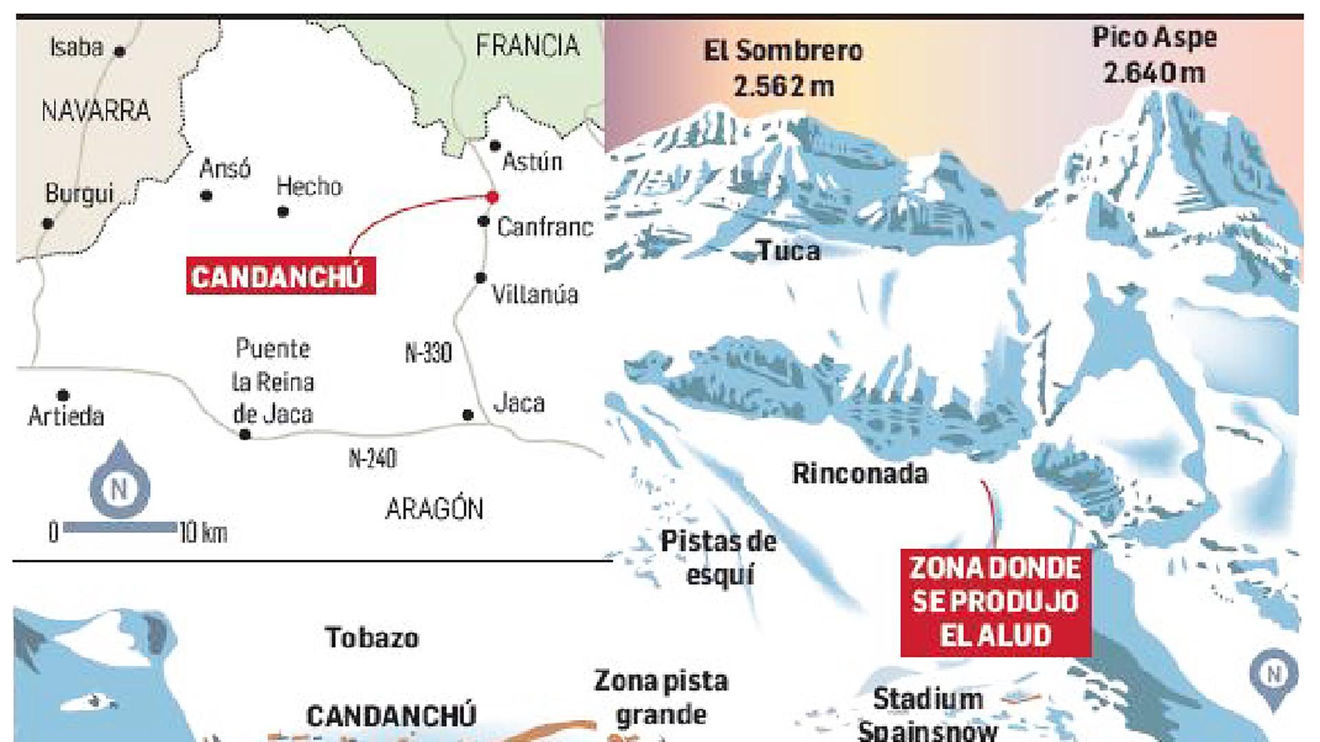Ubicación de Candanchú y zona en la que se produjo el alud /