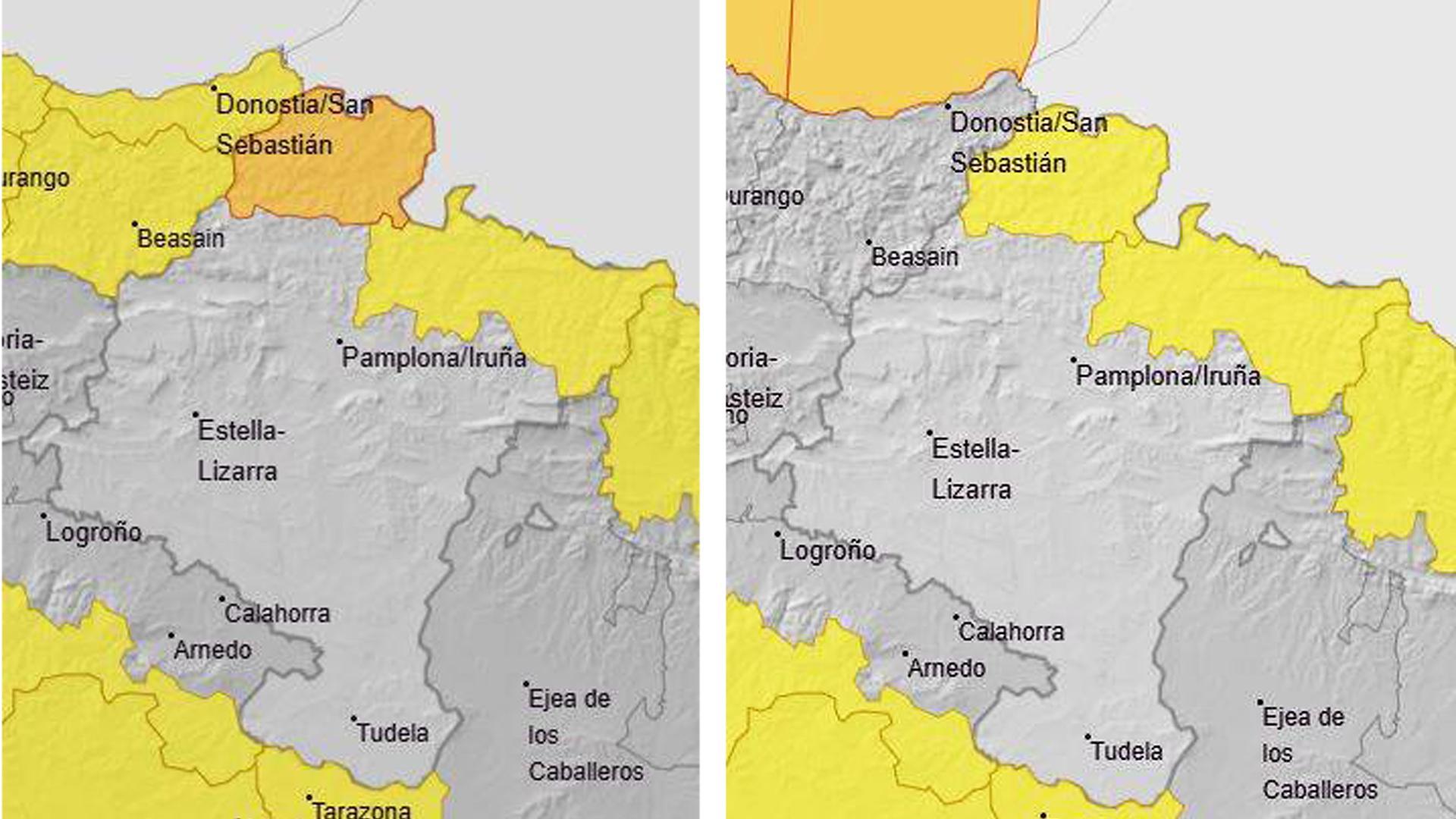Mapas con la previsión del tiempo en Navarra para este domingo, 26 de enero (izda.) y el lunes 27 de enero (dcha.)