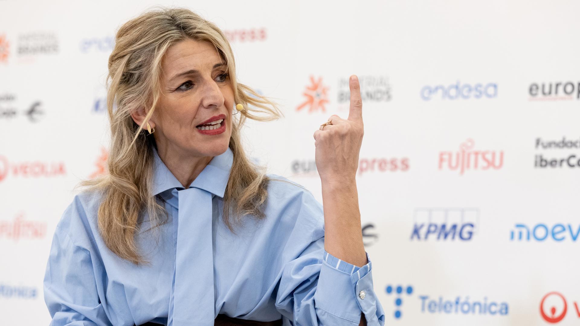 La vicepresidenta segunda y ministra de Trabajo y Economía Social, Yolanda Díaz, interviene durante un Desayuno Informativo de Europa Press