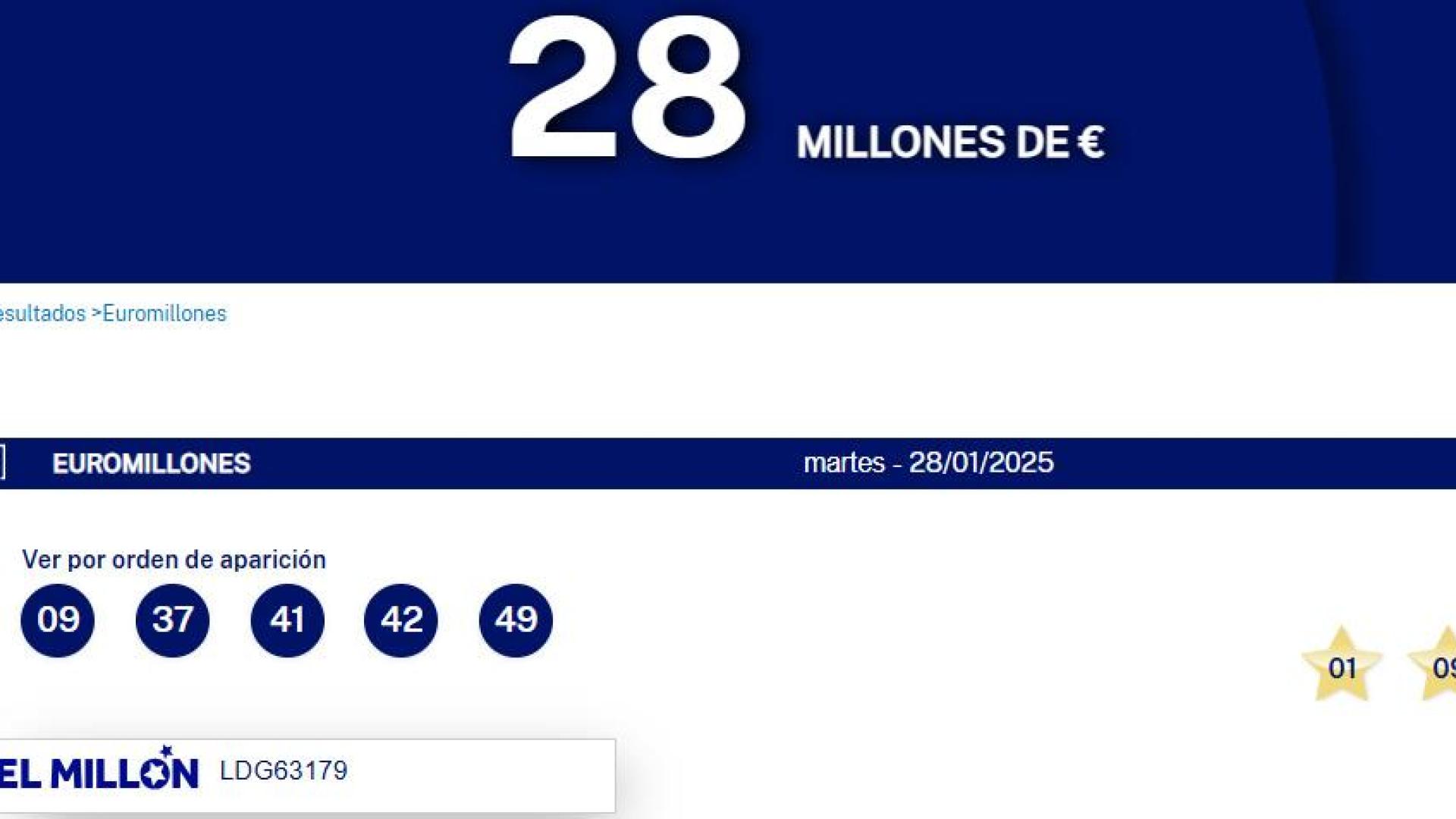 Combinación ganadora del sorteo de Euromillones de este 28 de enero de 2025