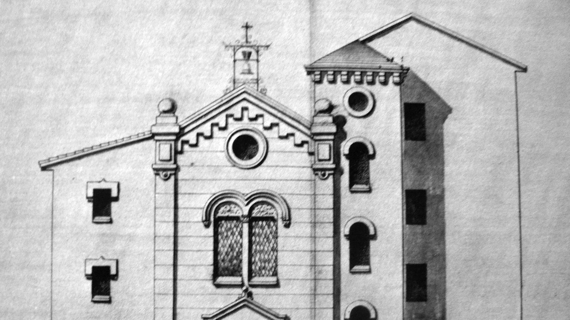 Alzado de la nueva fachada de la iglesia, todavía sin el remate del campanario, según el proyecto de Julián Arteaga de 1896