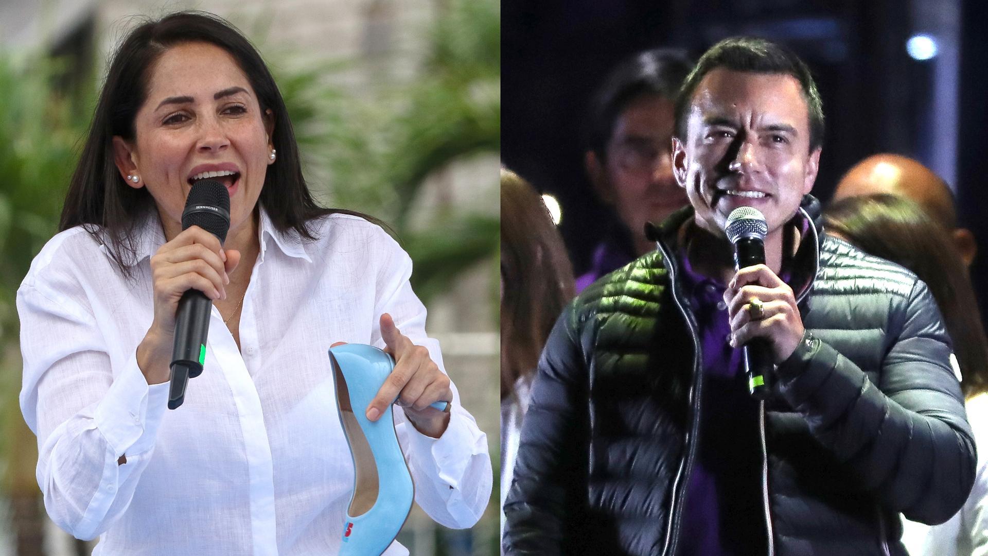 Combo de fotografías donde se observa a la candidata a la presidencia de Ecuador por el correismo, Luisa González, y al presidente y candidato a la reelección a la presidencia de Ecuador, Daniel Noboa