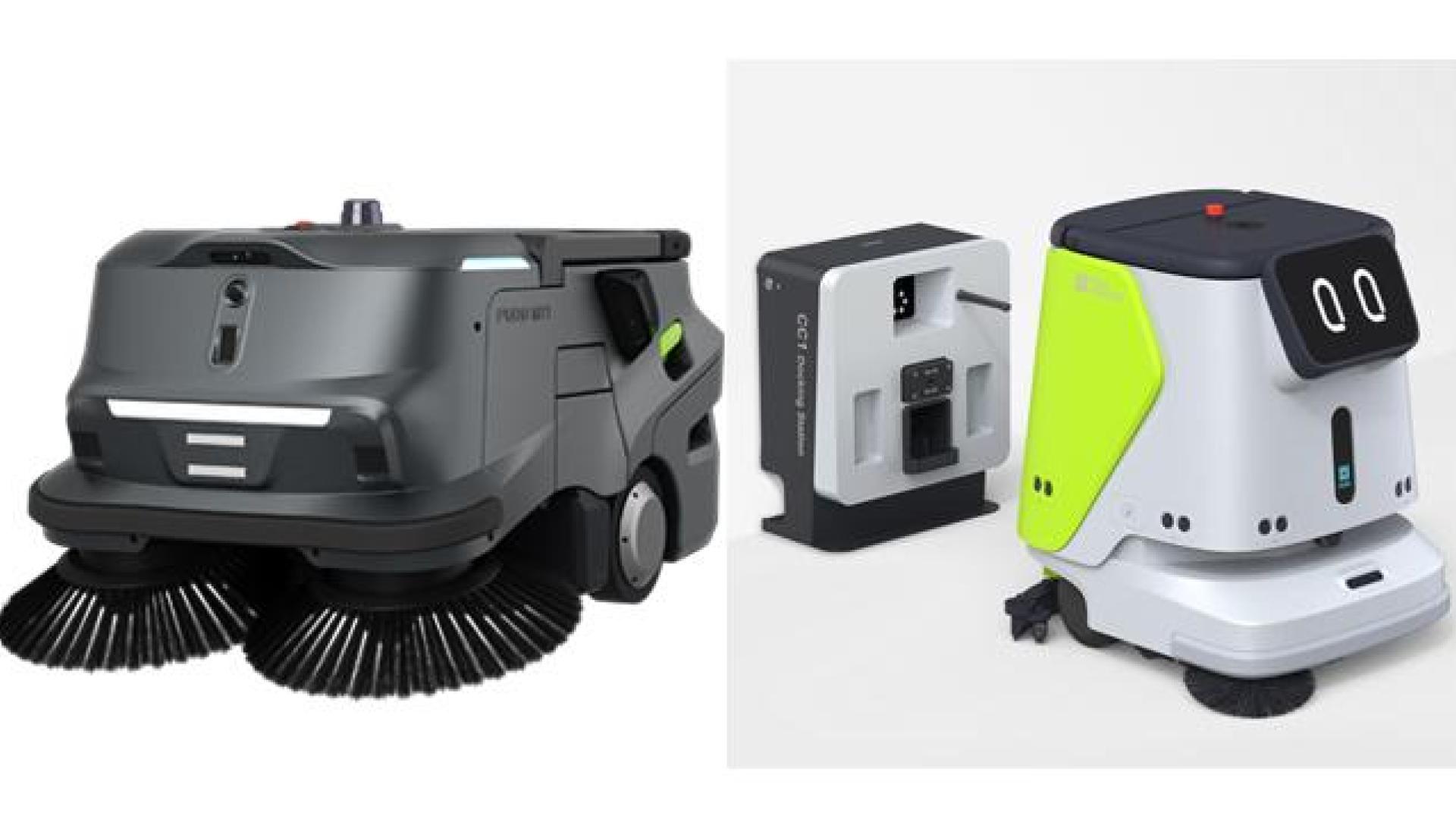 Las dos nuevas máquinas automatizadas de limpieza industrial presentadas por AUTOCAR: el PUDU MT1 (izda) y el PUDU CC1 (dcha)