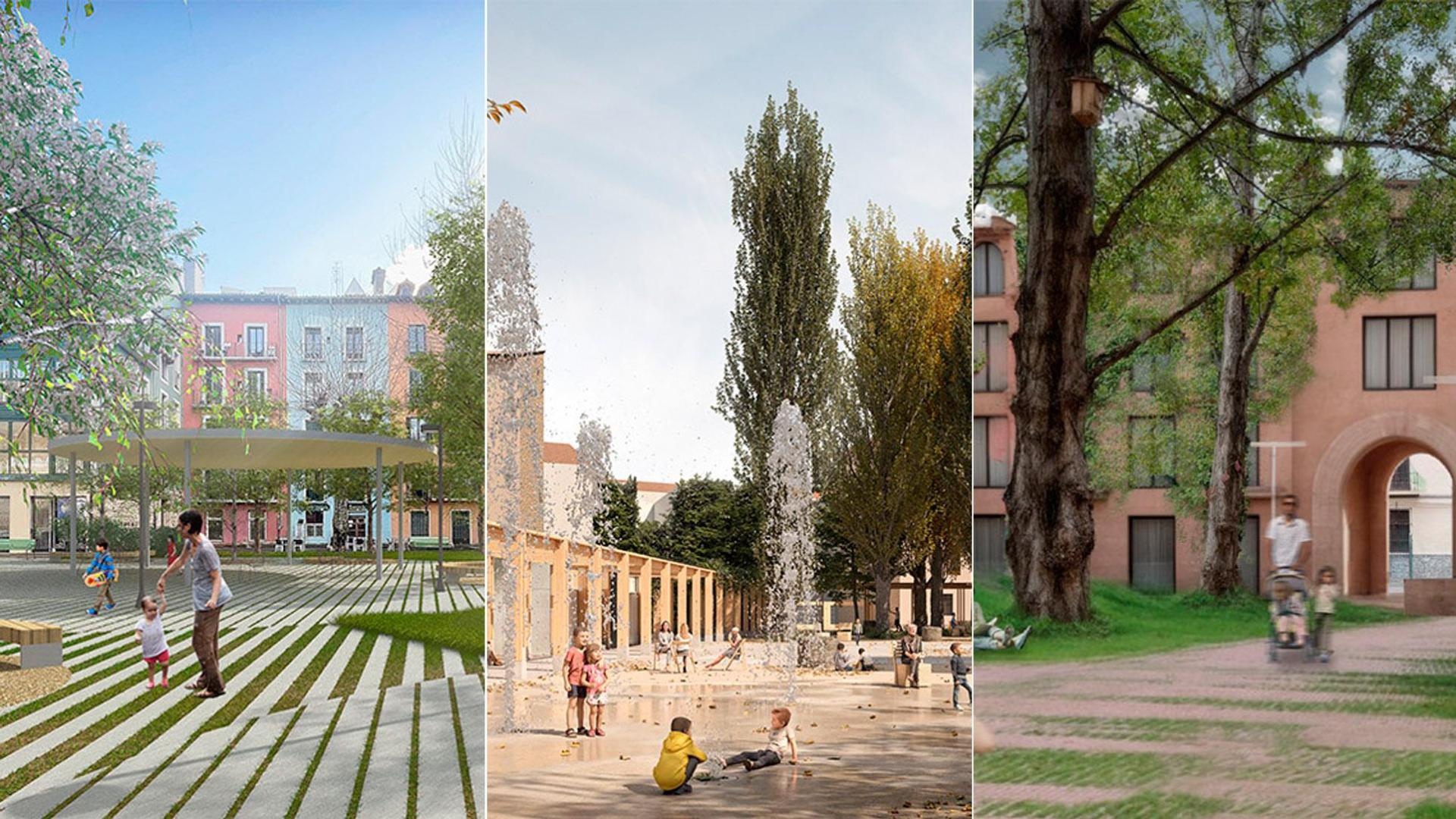 Detalle de las tres propuestas para la renovación de la plaza de Santa Ana en Pamplona
