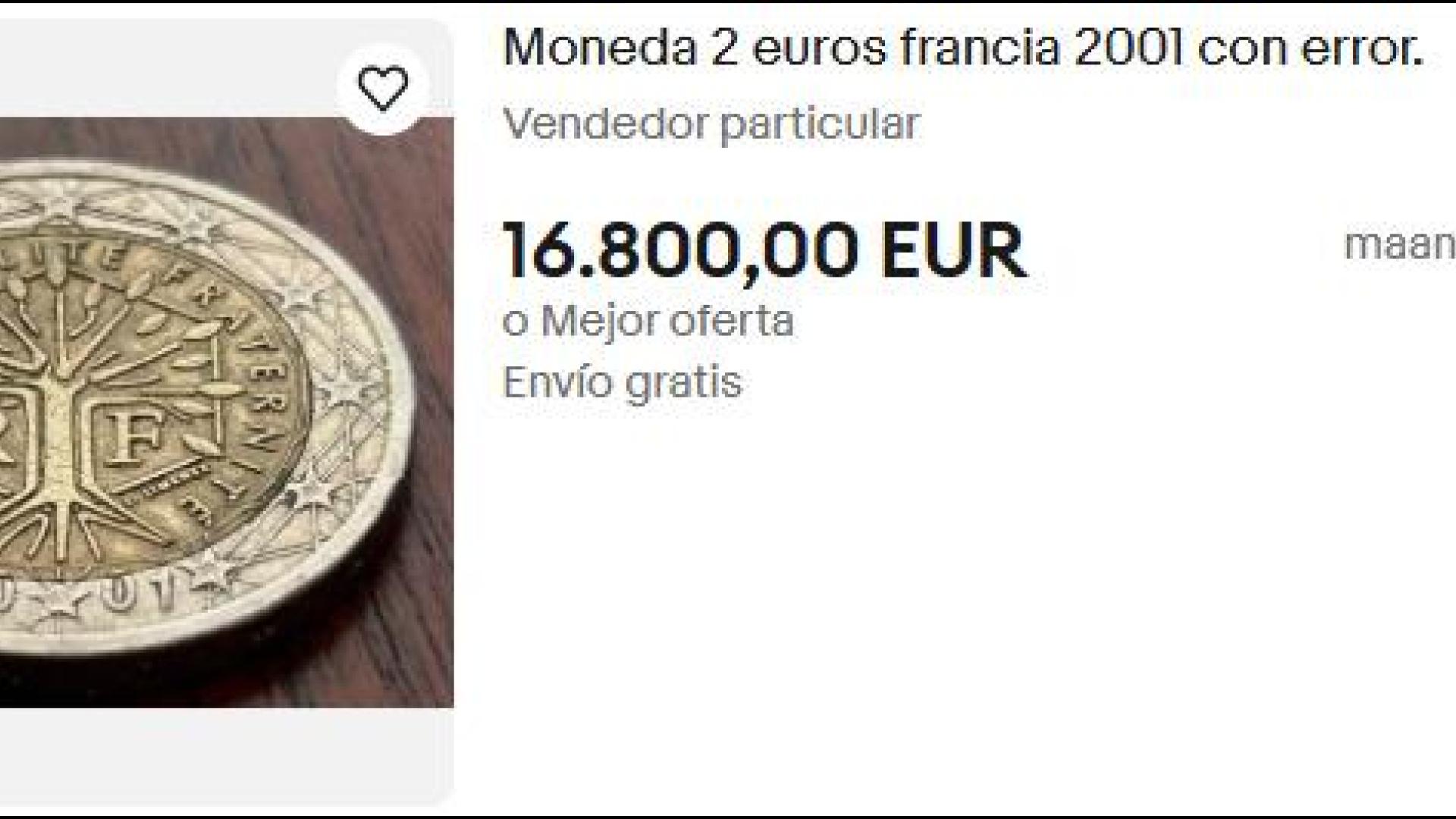 Anuncio en eBay de los 2 euros de Francia de 2001 con error de acuñación