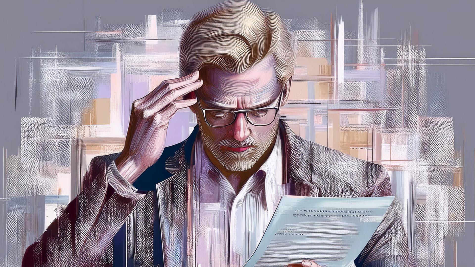 Ilustración de un hombre revisando los papeles