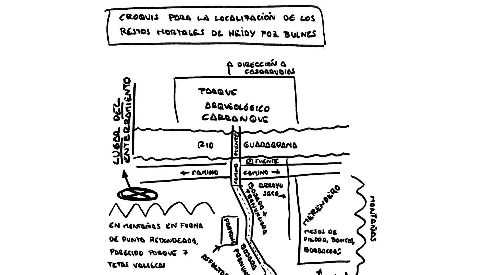 Croquis que incluye César Román en un escrito en el que detalla la localización de los restos de su pareja, asesinada en 2018 /