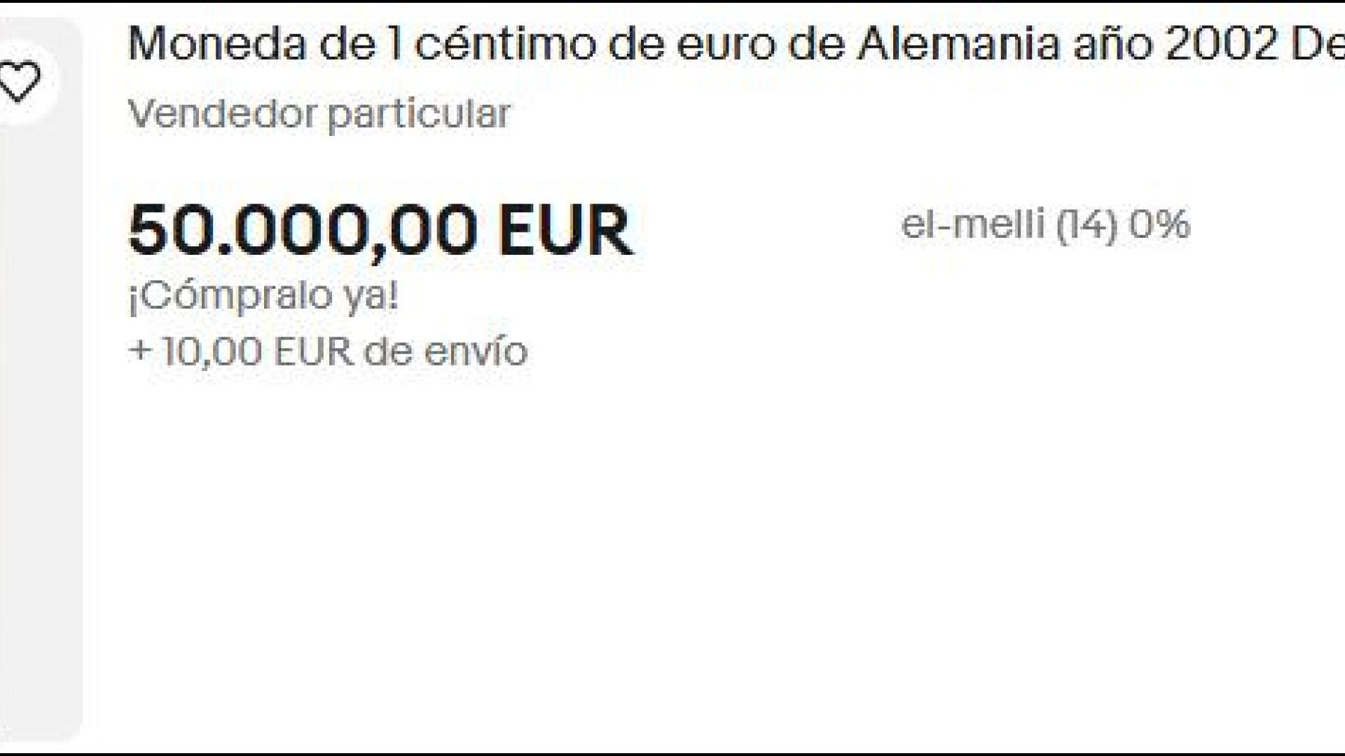 Anuncio en eBay por la moneda de 1 céntimo de Alemania