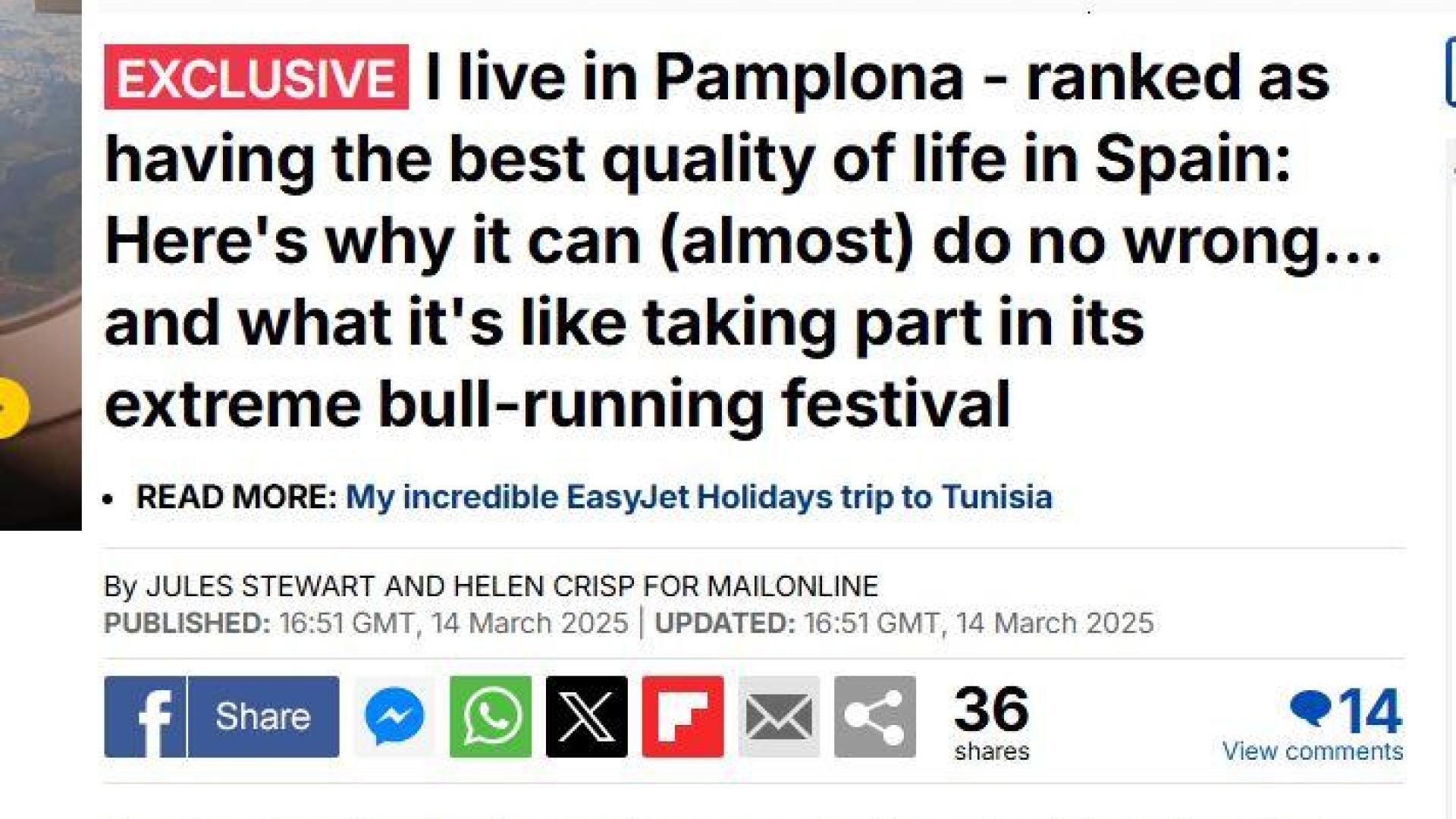 Titular del Daily Mail elogiando Pamplona como ciudad para vivir
