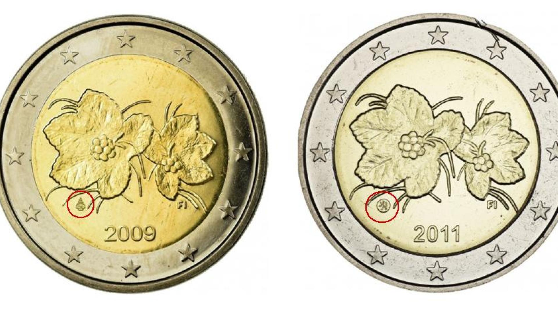 En la moneda de 2009 (izda.) se puede observar la cornucopia ya en el círculo central, mientras que la de 2011, a la derecha, lleva el círculo con el león. Las dos figuran ya con la marca del país 'FI'