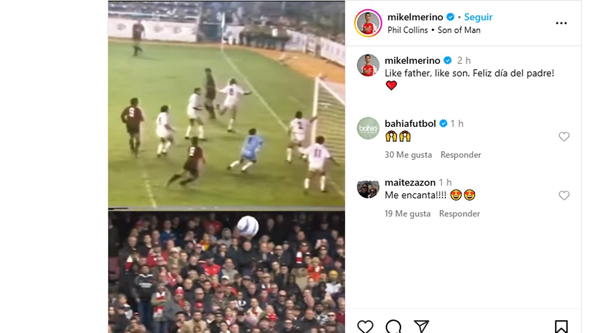 Captura del post subido a Instagram por Mikel Merino deseando Feliz 19 de marzo a su padre, MIguel Merino /