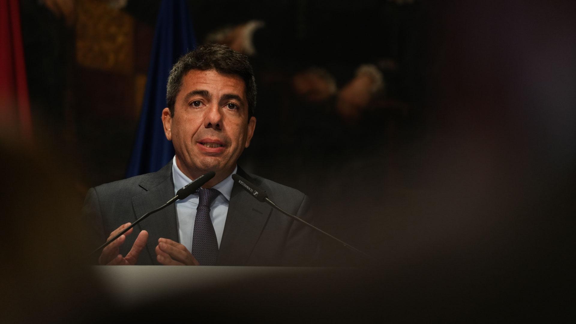 El presidente de la Generalitat Valenciana, Carlos Mazón, durante la presentación del informe de Diagnóstico del Plan de Recuperación Económica y Social de la Comunitat Valenciana