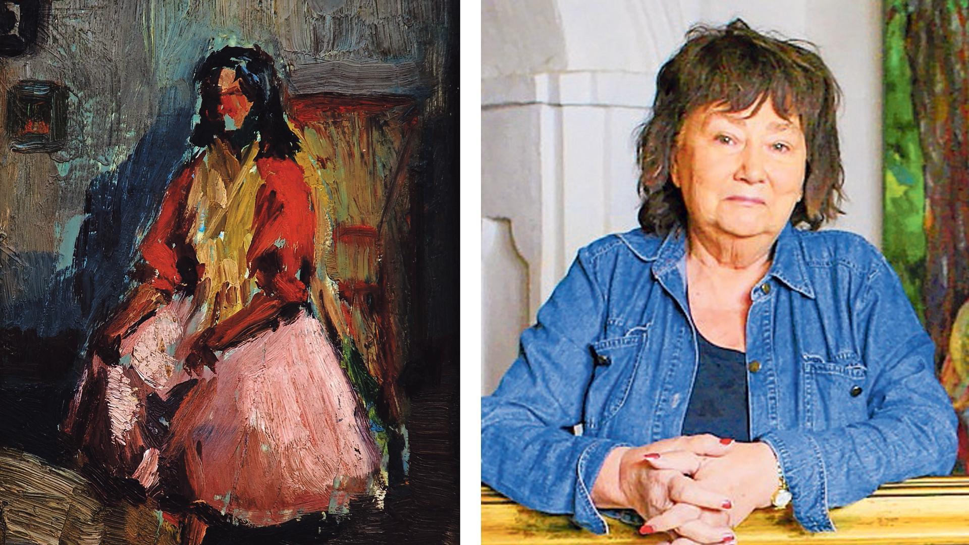 Óleo titulado Esperando (1965) junto a una imagen de Gloria Ferrer