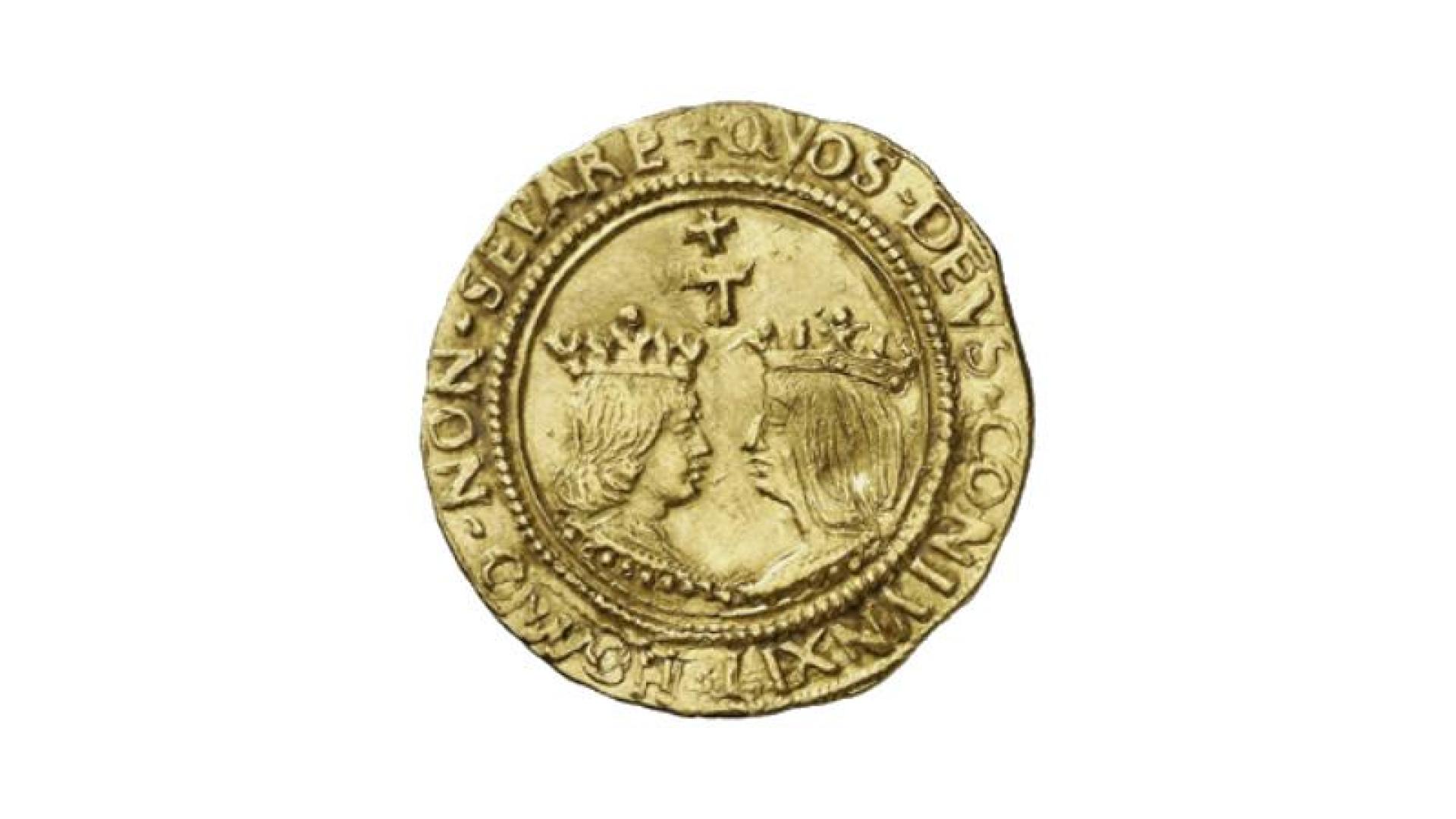 Moneda con los Reyes Católicos en el anverso