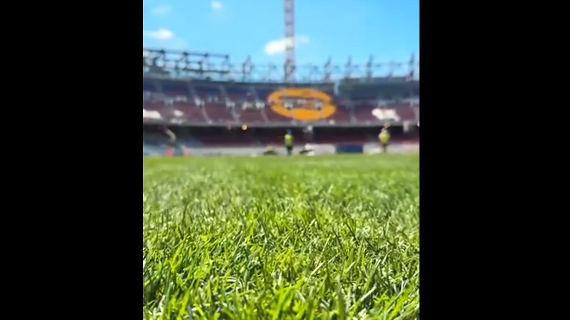 Captura del vídeo subido a redes por el F.C. Barcelona con la instalación del nuevo césped en el Spotify Camp Nu /