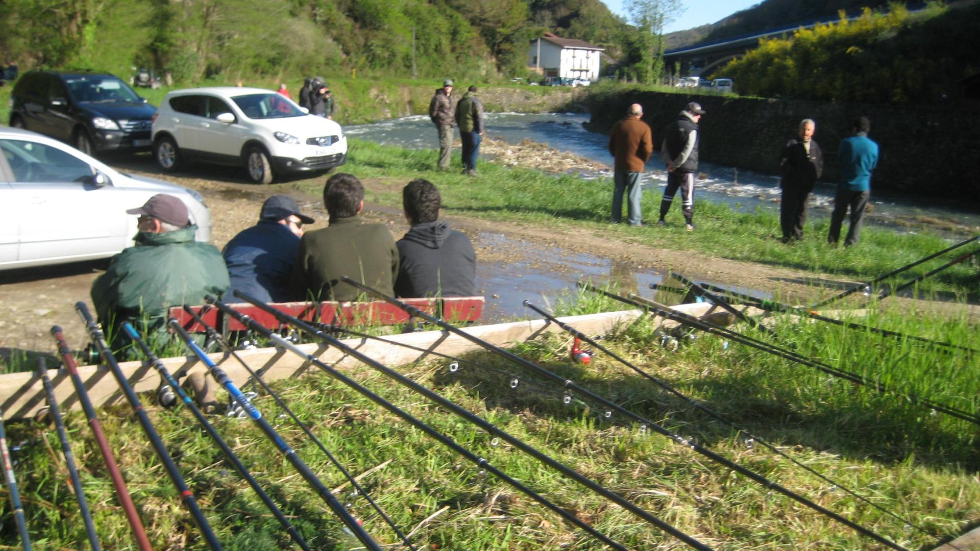 Cañas tendidas sobre una franja de terreno en los márgenes del río Bidasoa en una temporada anterior de captura de salmón.
