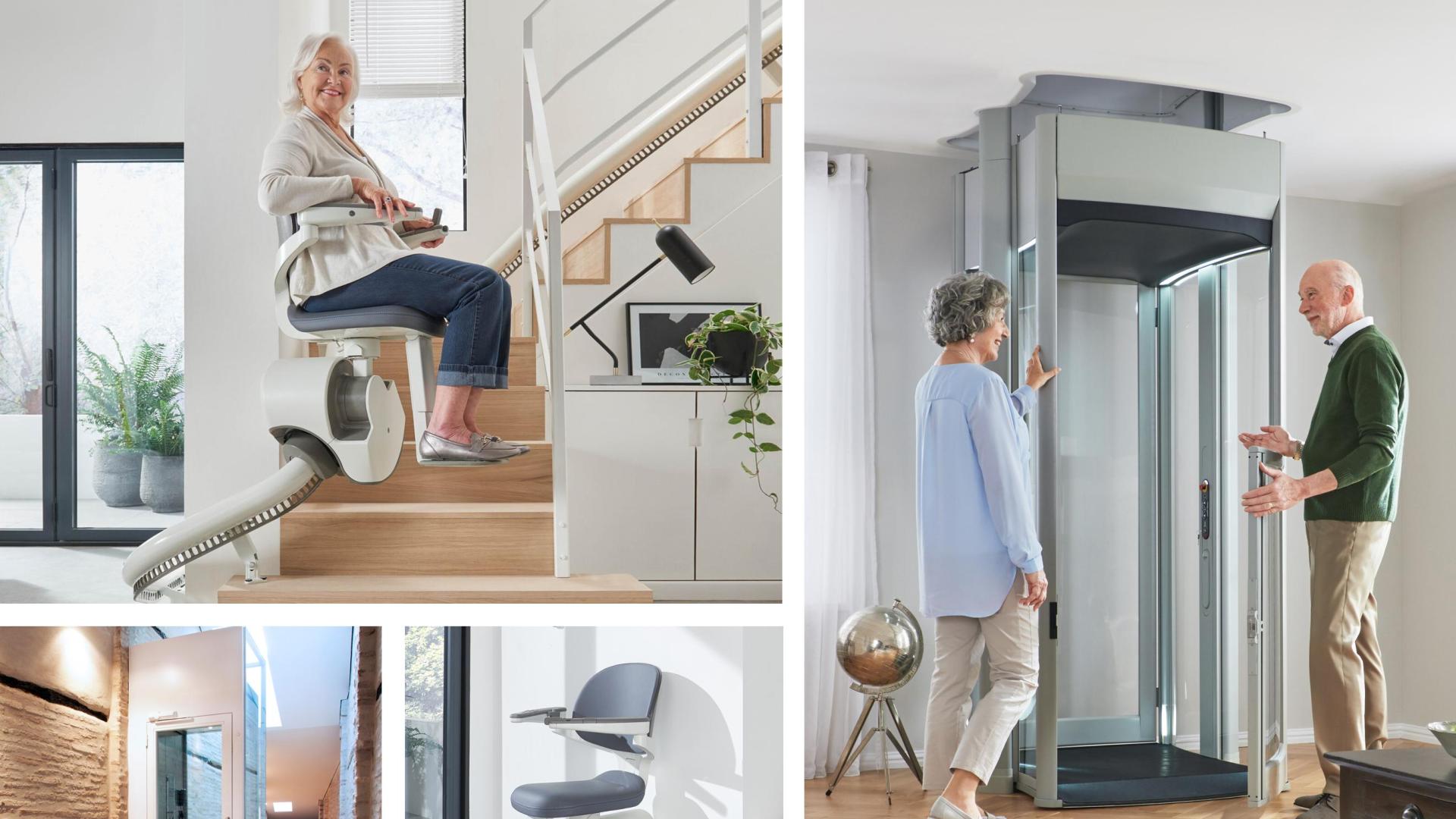 Algunas soluciones de accesibilidad de Imcalift, como los ascensores o las sillas salvaescaleras,