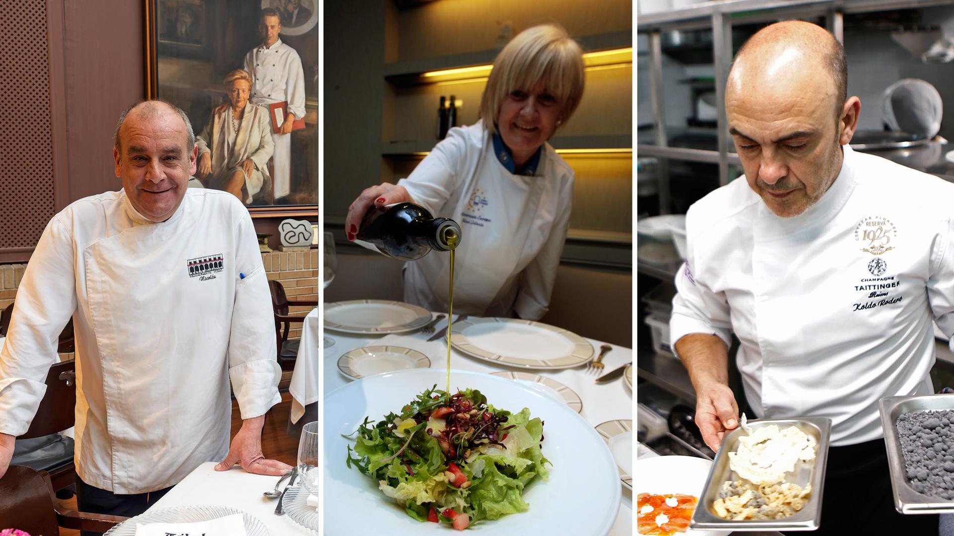 Nicolás Ramírez Jiménez, jefe de cocina del restaurante Túbal; Pilar Idoate, chef del restaurante Europa, y Koldo Rodero, chef del restaurante Rodero