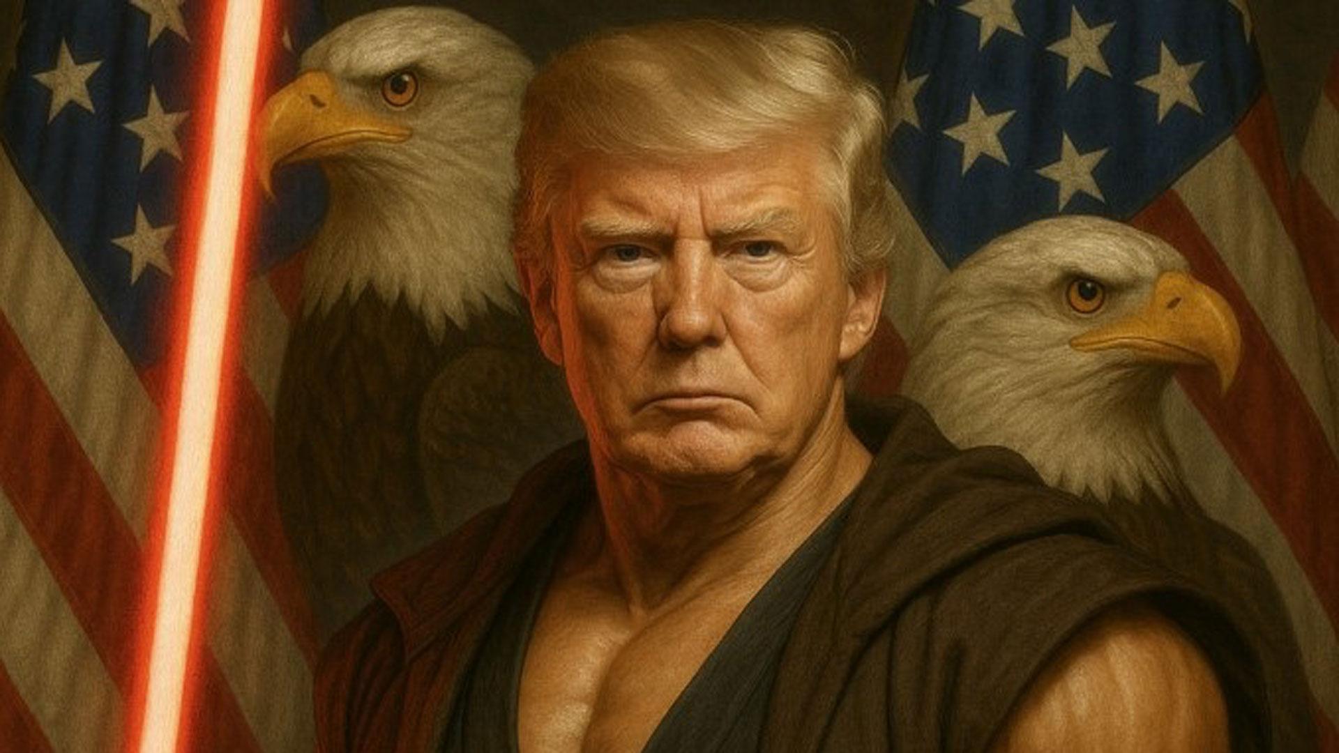 El presidente estadounidense, Donald Trump, caracterizado como un jedi de la saga cinematográfica 'Star Wars'