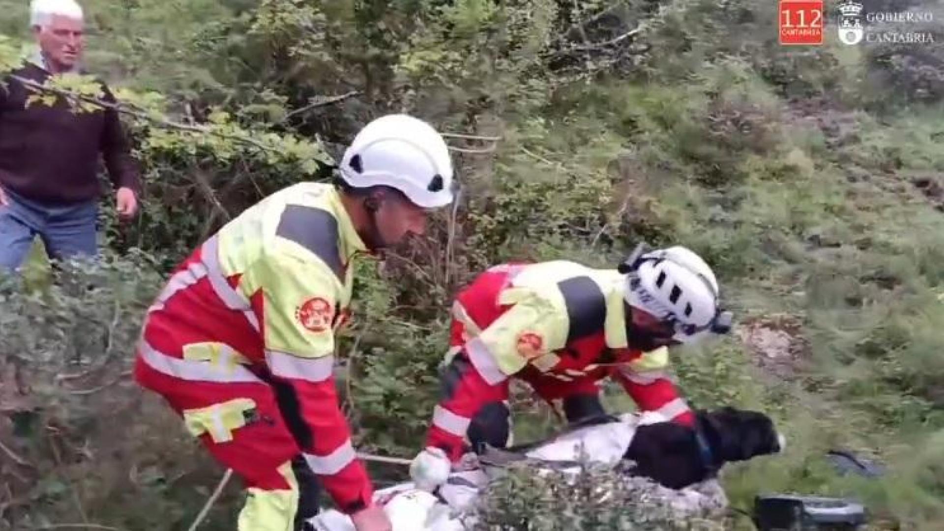 Un momento del rescate de un perro que llevaba 20 días en un sima en San Sebastián de Garabandal