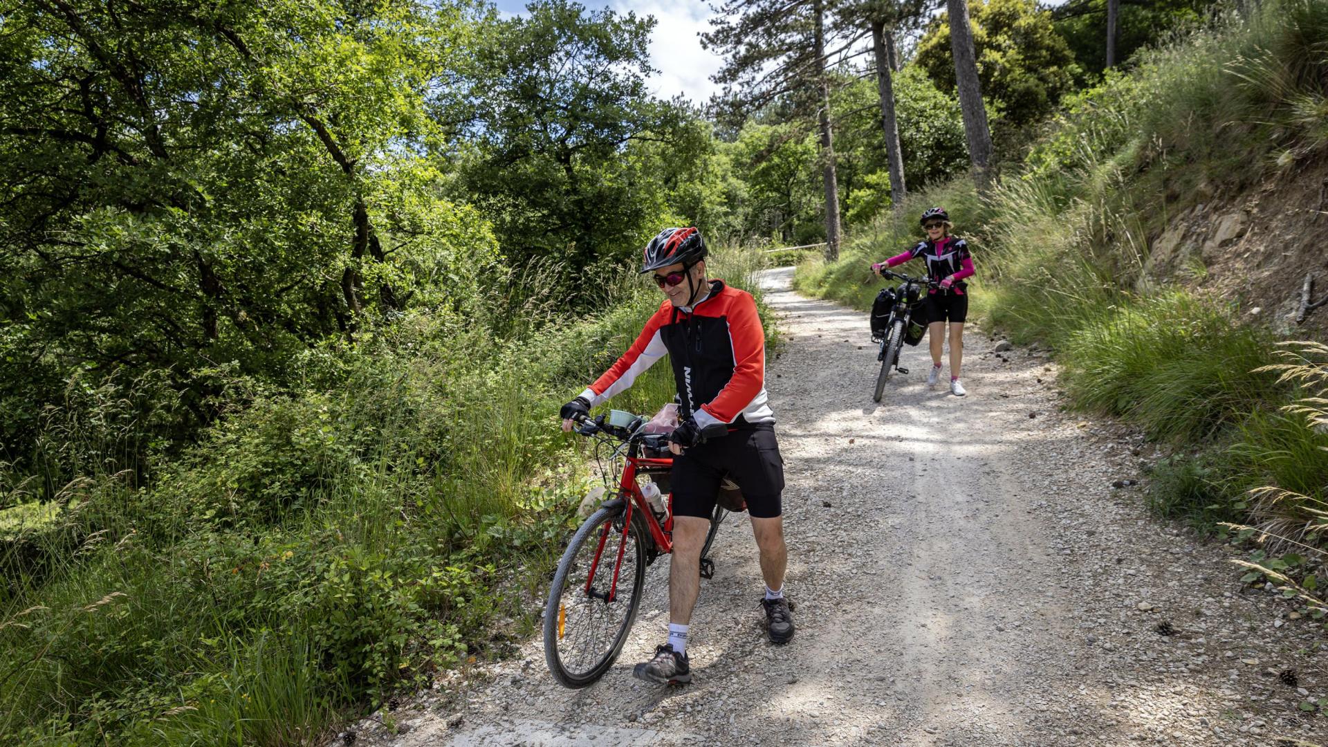 Dos cicloturistas atraviesan, pie en tierra, un tramo de la Vía Verde del Plazaola.