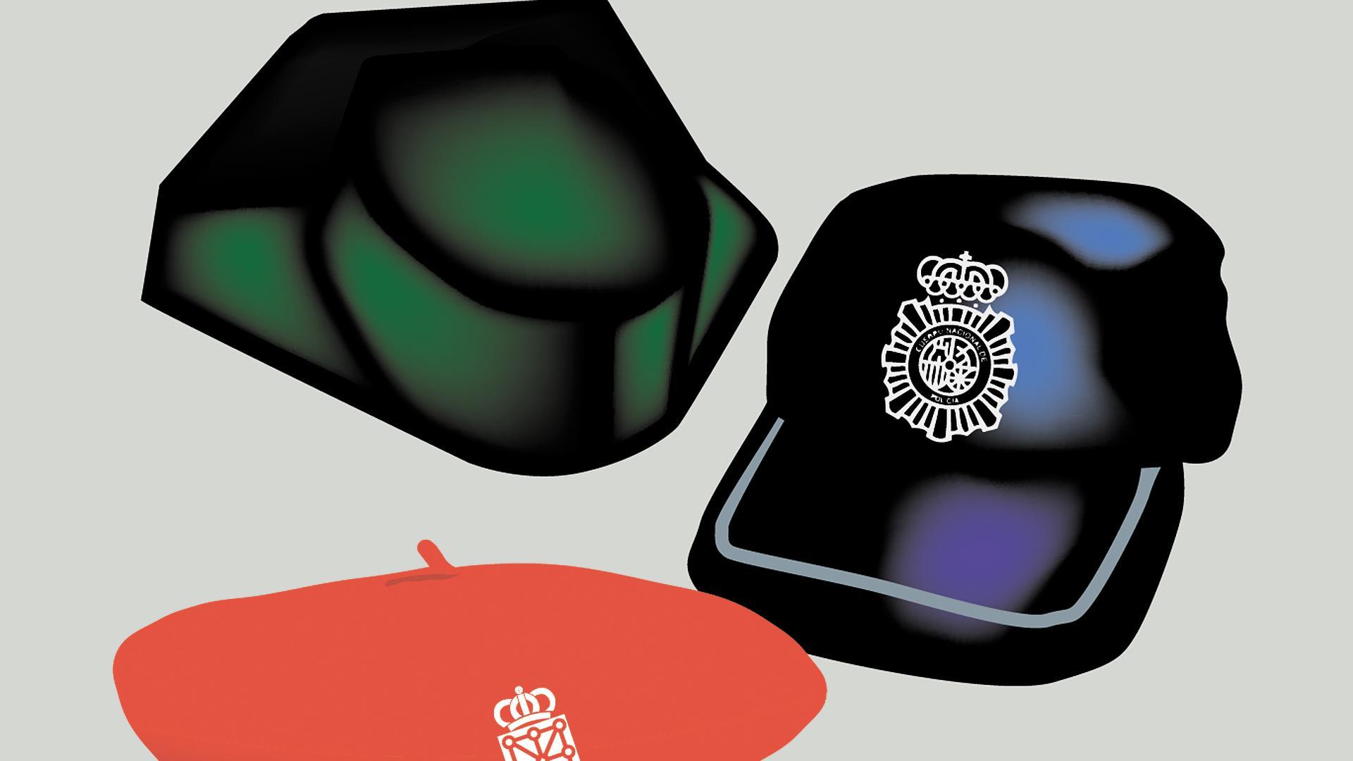 Gorras de la Guardia Civil, Policía Foral y Policía Nacional /