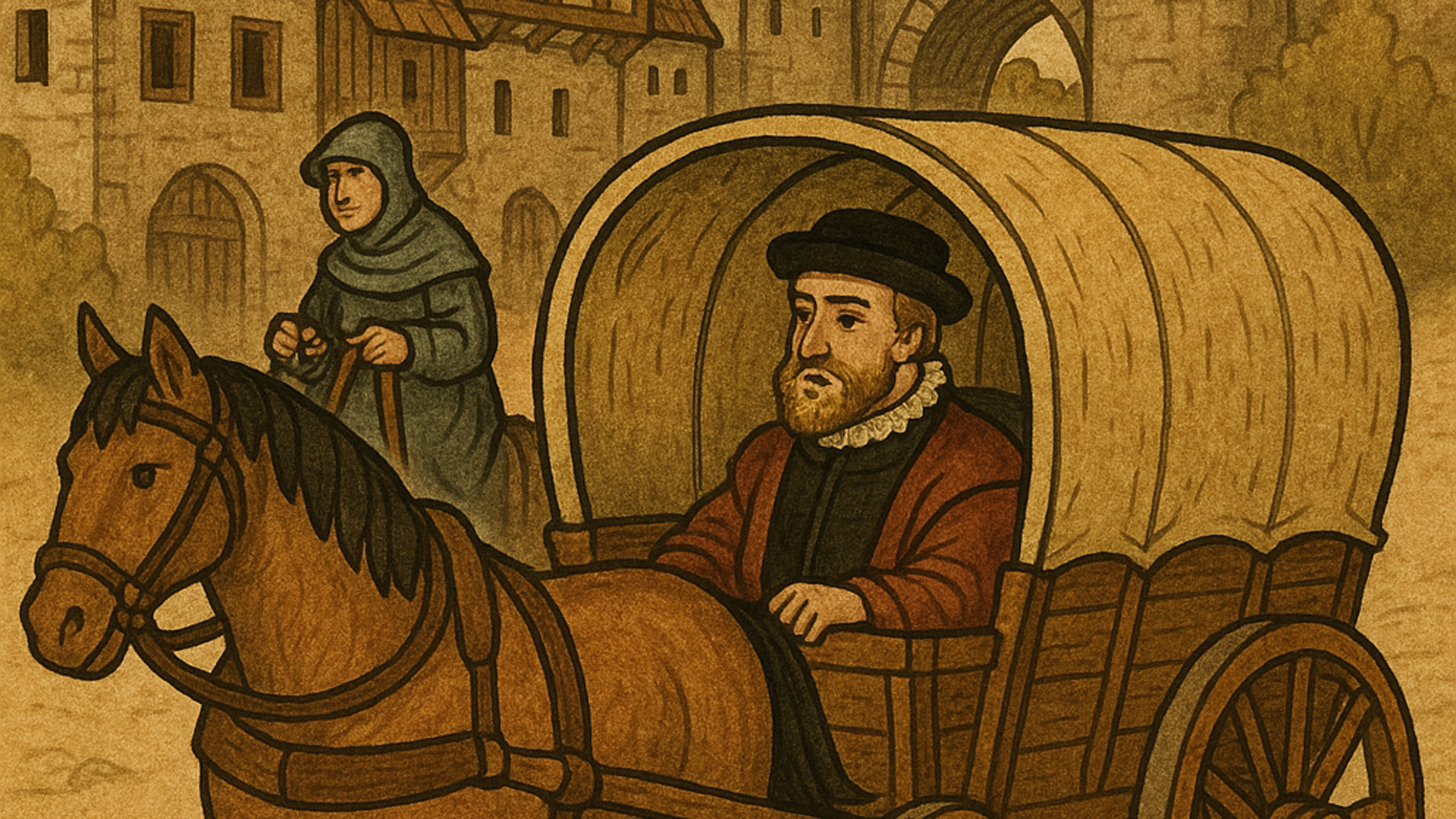 Un carruaje llega a un pueblo medieval