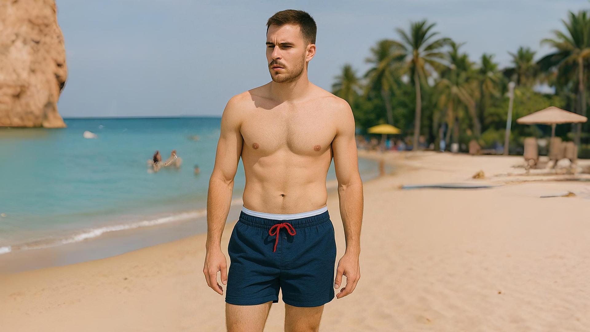 Un joven, en bañador en la playa