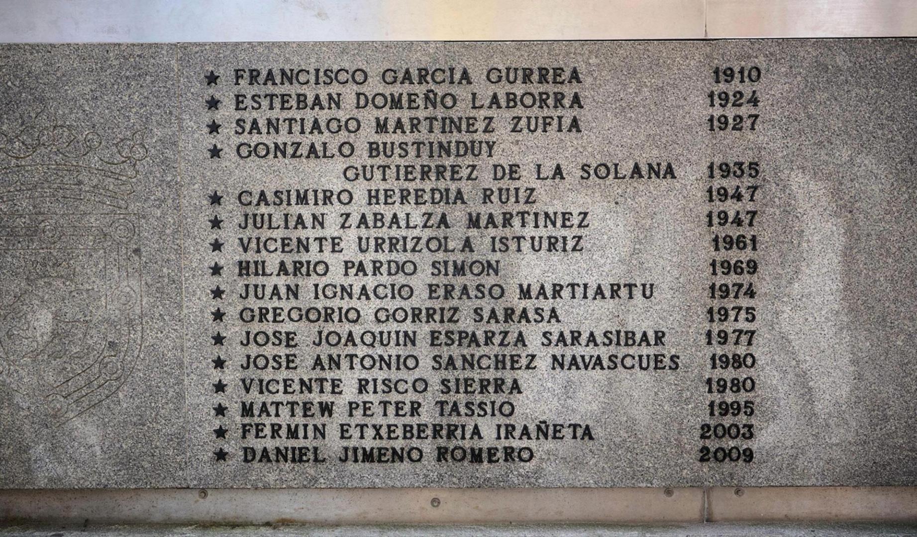 Placa con los nombres de los 16 fallecidos en el encierro de San Fermín